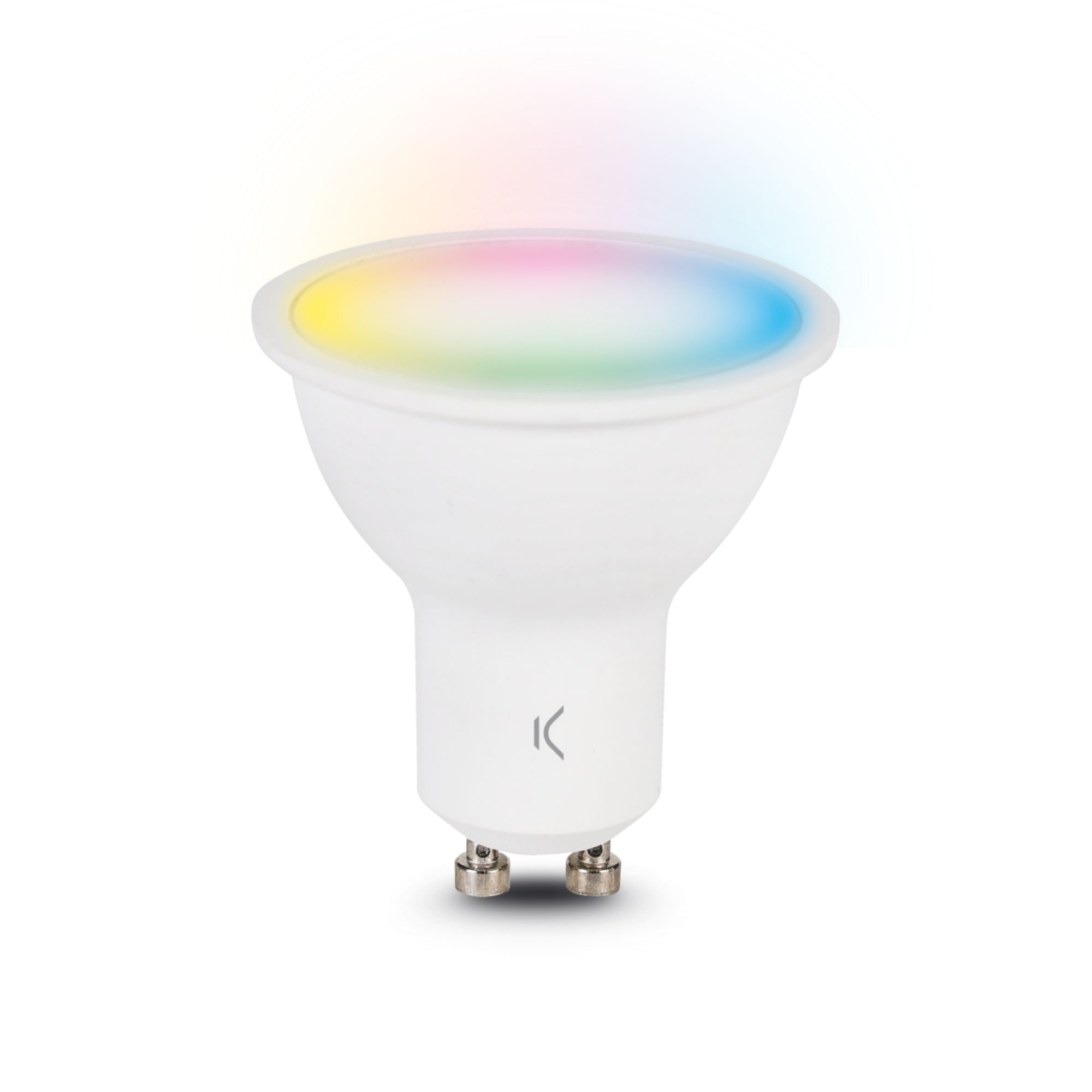 Una lampadina intelligente bianca con luce colorata che emana dalla parte superiore.