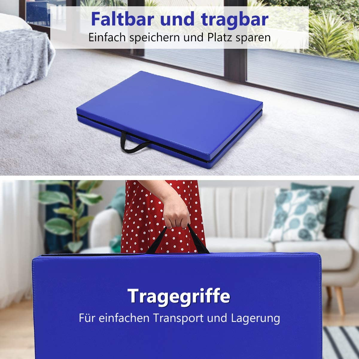 Blaues Faltmatte mit Tragegriffen, gefaltet und entfaltet. Text: Faltbar und tragbar.