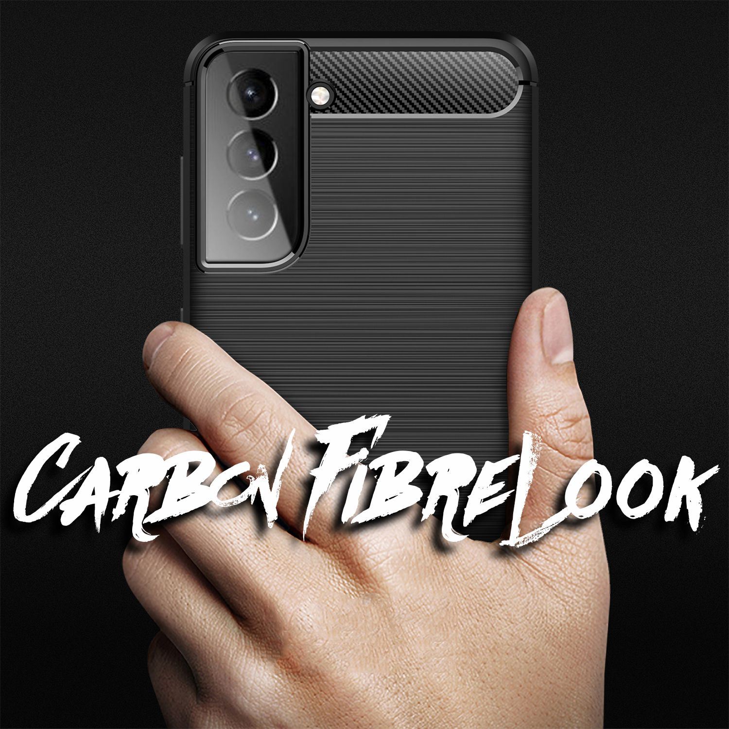 Schwarze Handyhülle mit Carbonfaser-Optik. Eine Hand hält das Telefon. Text 'CARBON FIBRE LOOK'.