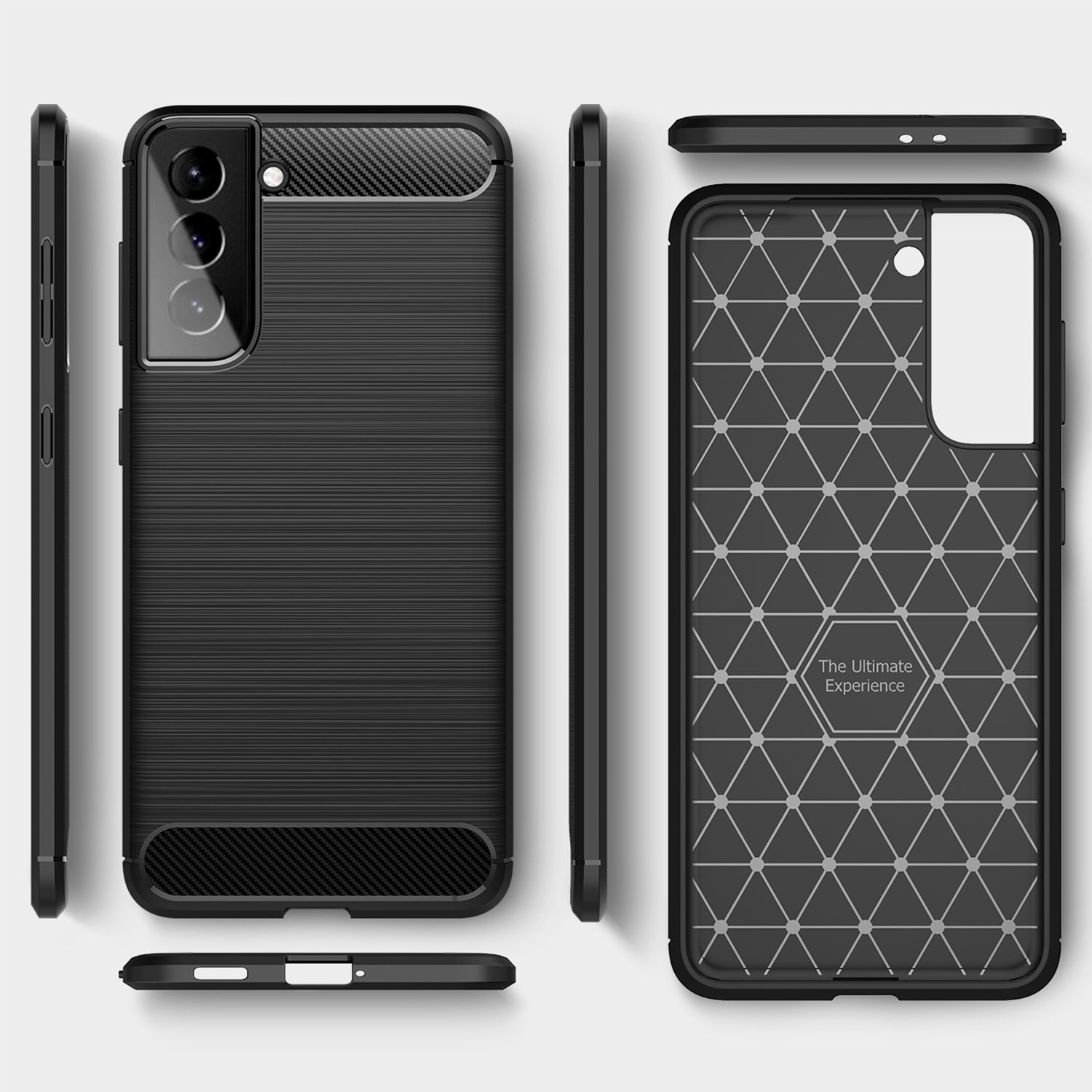 Schwarze Handyhülle mit strukturiertem Design, verschiedene Ansichten, weißer Hintergrund.