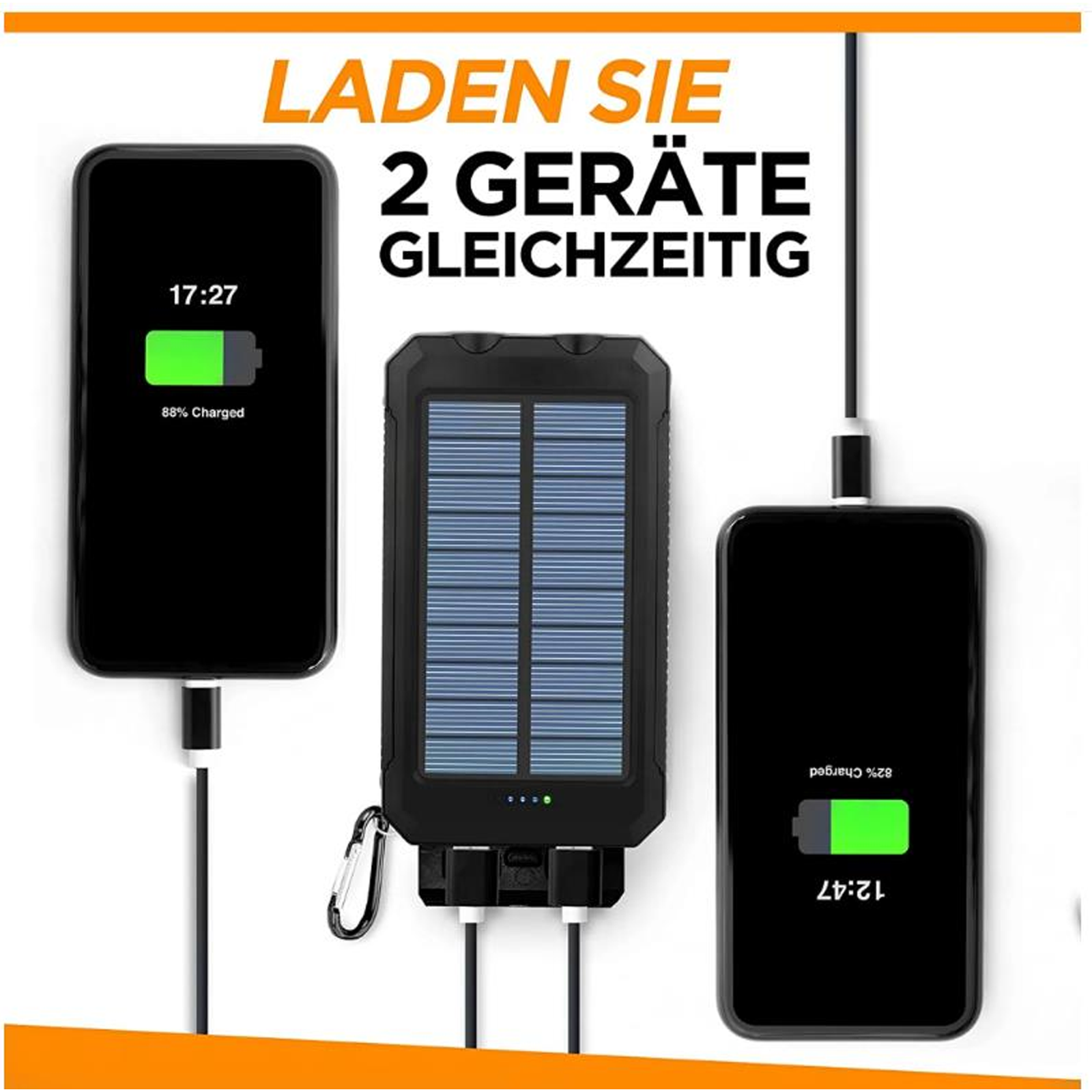 Schwarze Powerbank mit zwei Handys, die geladen werden. Die Bank hat Solarzellen und USB-Anschlüsse.