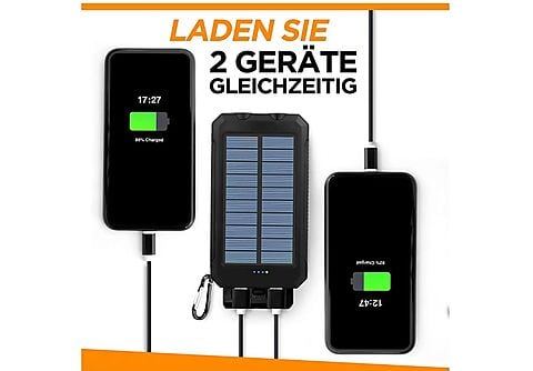 BYTELIKE Solar Powerbank Solar Ladegerät USB Externer Akku mit 2 Outputs Solar Powerbank Powerbank 20000mAh Schwarz