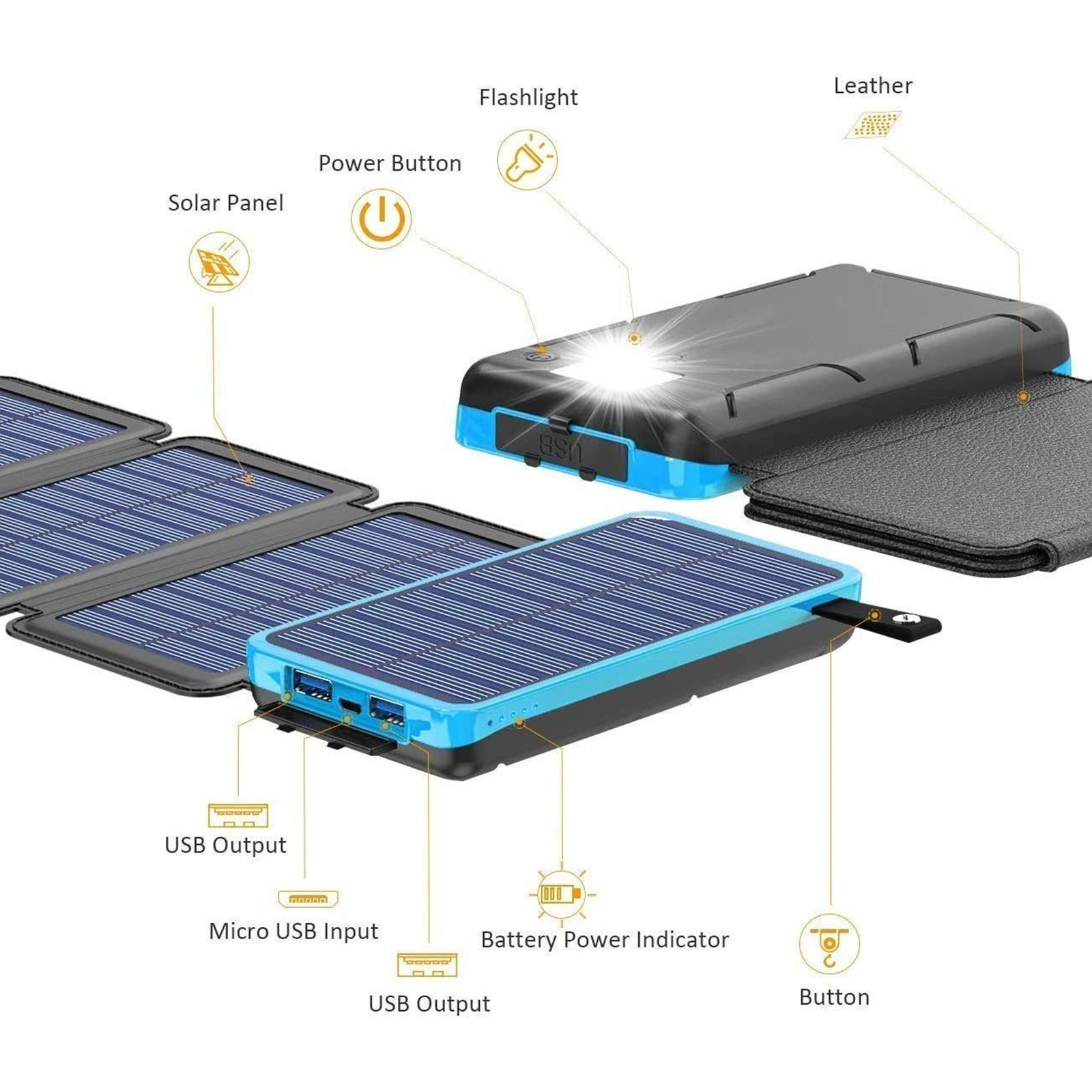 Akku 10000mAh Solarpanels Stromversorgung Tragbare Orange mit 10000mAh - 4 BYTELIKE Taschenlampe Solar Schnellladung Powerbank