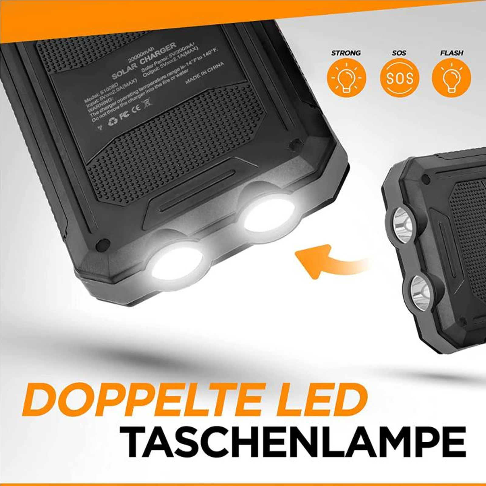 Schwarzes Solarladegerät mit zwei Lichtern an und Text auf Deutsch.