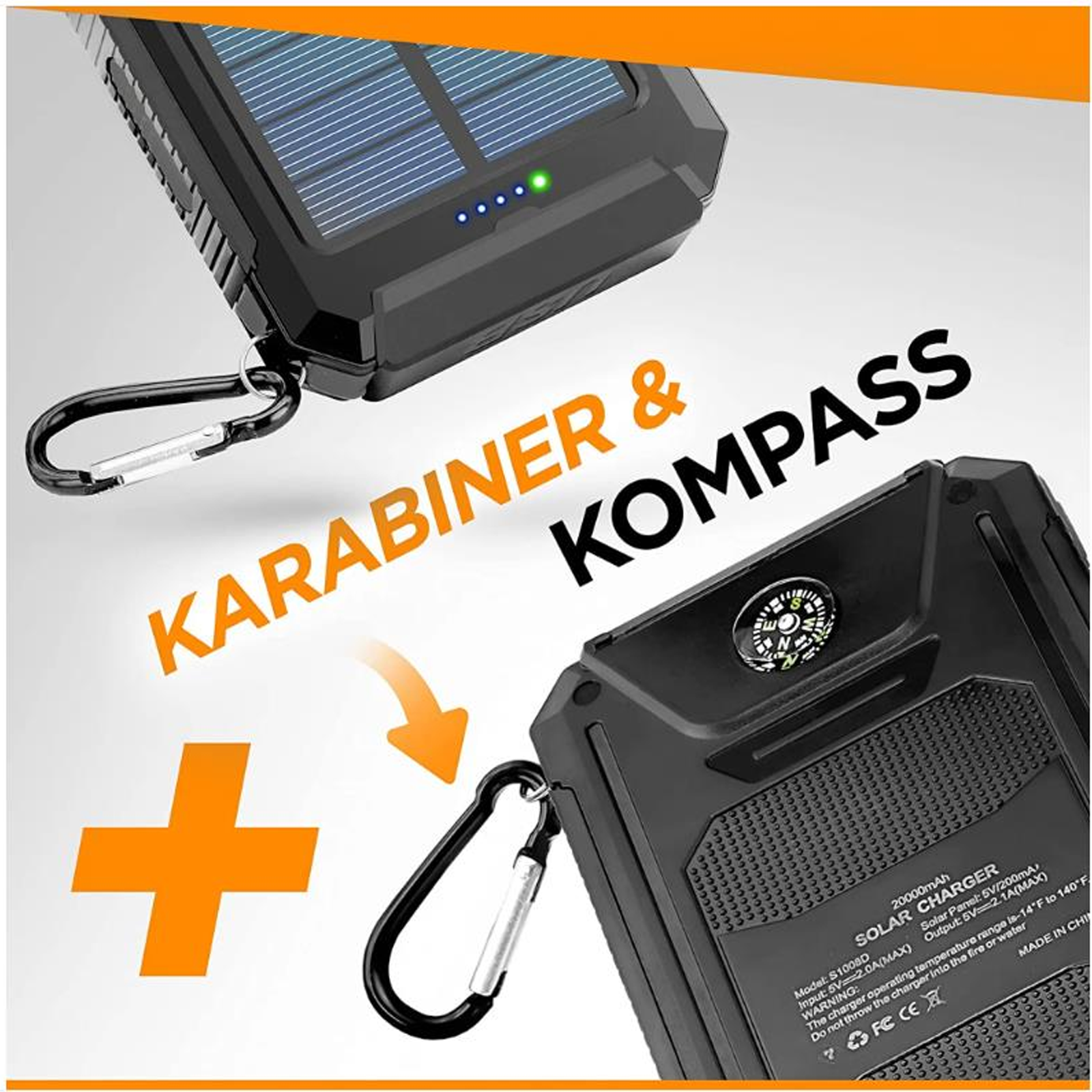 Solar-Ladegerät mit Karabiner und Kompass. Schwarzes Ladegerät mit Text 'KARABINER & KOMPASS' und Pluszeichen.