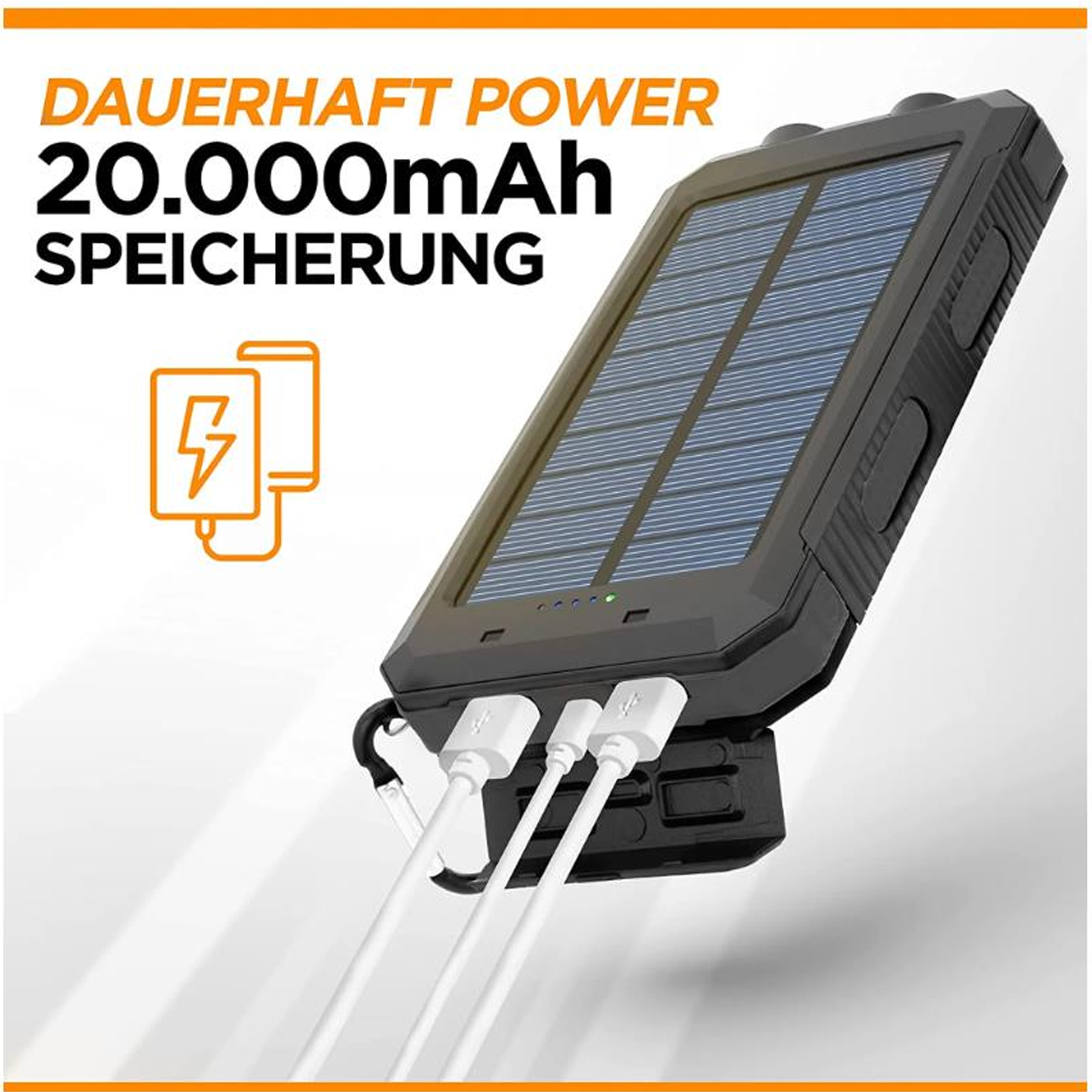 Solar-Powerbank mit Solarpanel und USB-Kabeln. Schwarz und blau.