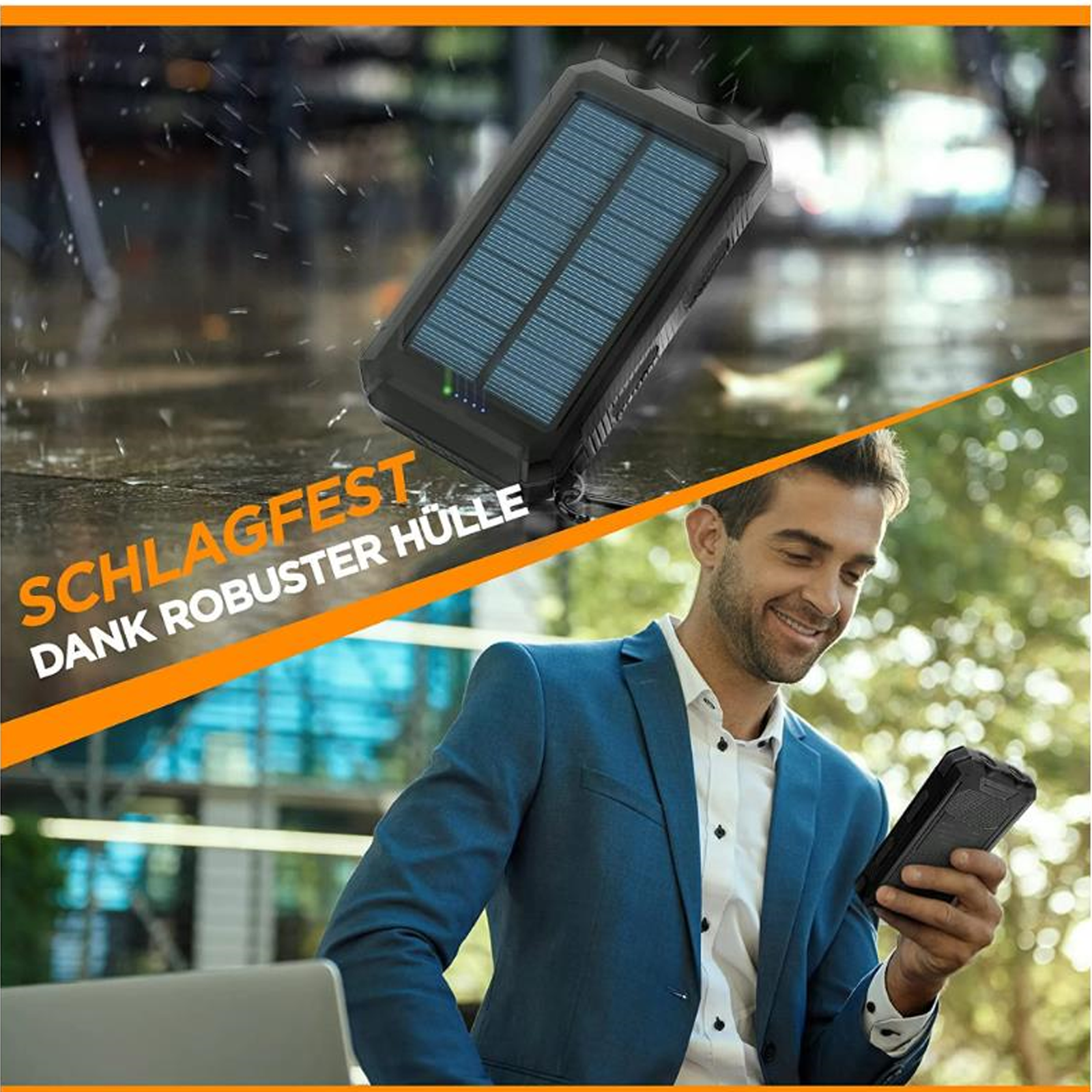 Mann im Anzug hält schwarzes Ladegerät. Das Ladegerät ist in der Luft mit Text: Schlagfest.