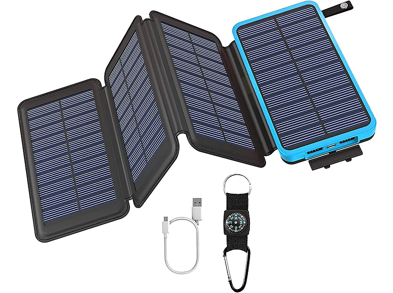 BRIGHTAKE 10000mAh Solar Powerbank 4 Solarpanels LED-Taschenlampe SmartIC Orange Camping Powerbank 10000mAh Blau