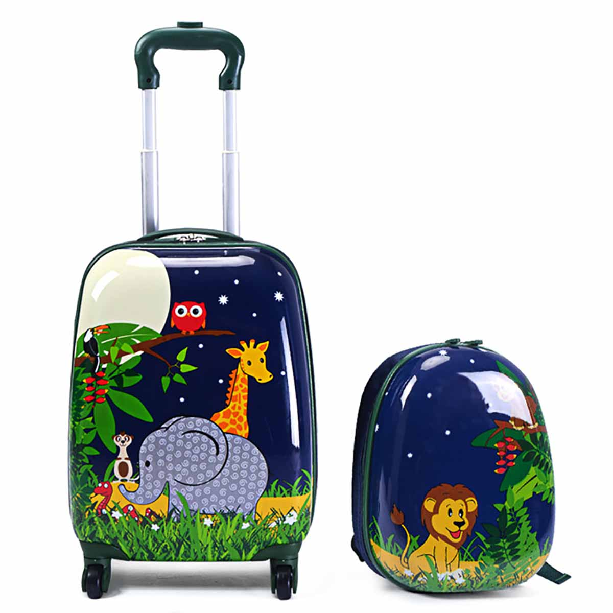 Blauer Kinderkoffer und Rucksack mit Dschungeltieren auf sternenklarem Hintergrund.
