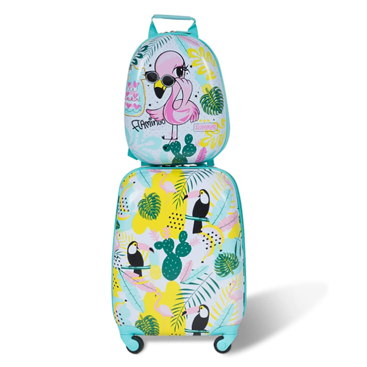 Ein Set Kindergepäck, ein Koffer und ein Rucksack, mit Flamingo-Design.
