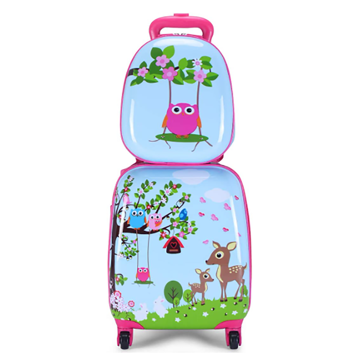 Zwei Cartoon-Koffer mit Eulen-, Hirsch- und Baumdesign. Pinke und blaue Farben.
