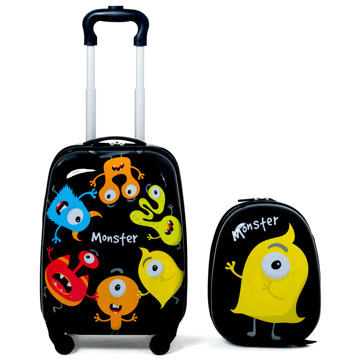 Ein schwarzer Koffer und ein passender Rucksack mit Cartoon-Monstern darauf. Beide sind schwarz.