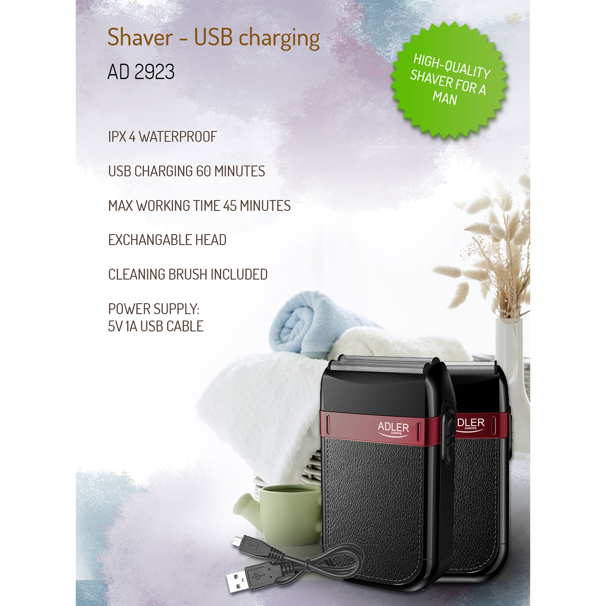 Dwie czarne i czerwone golarki z kablem USB, na białej szmatce z zielonym kubkiem i ręcznikiem.