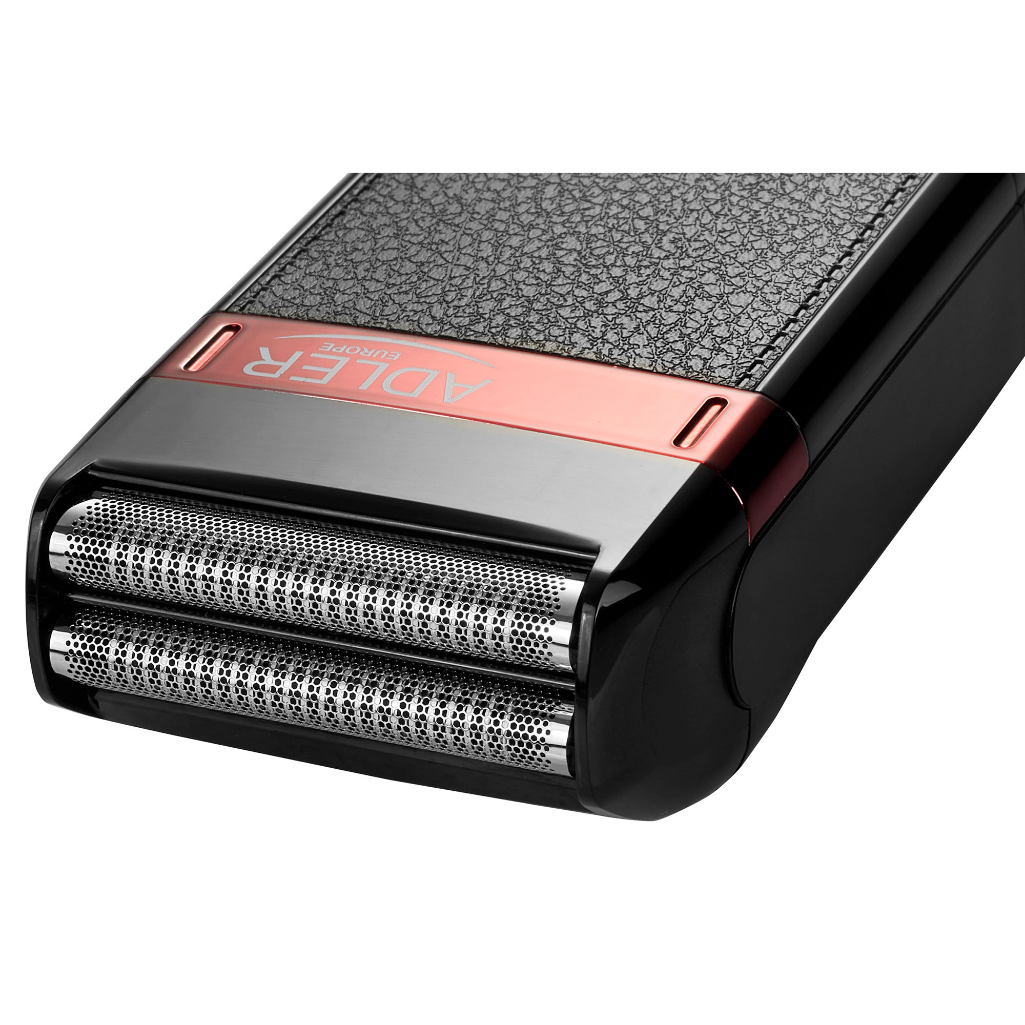 Zbliżenie czarnej i różowo-złotej golarki elektrycznej. Widoczne dwa ostrza.