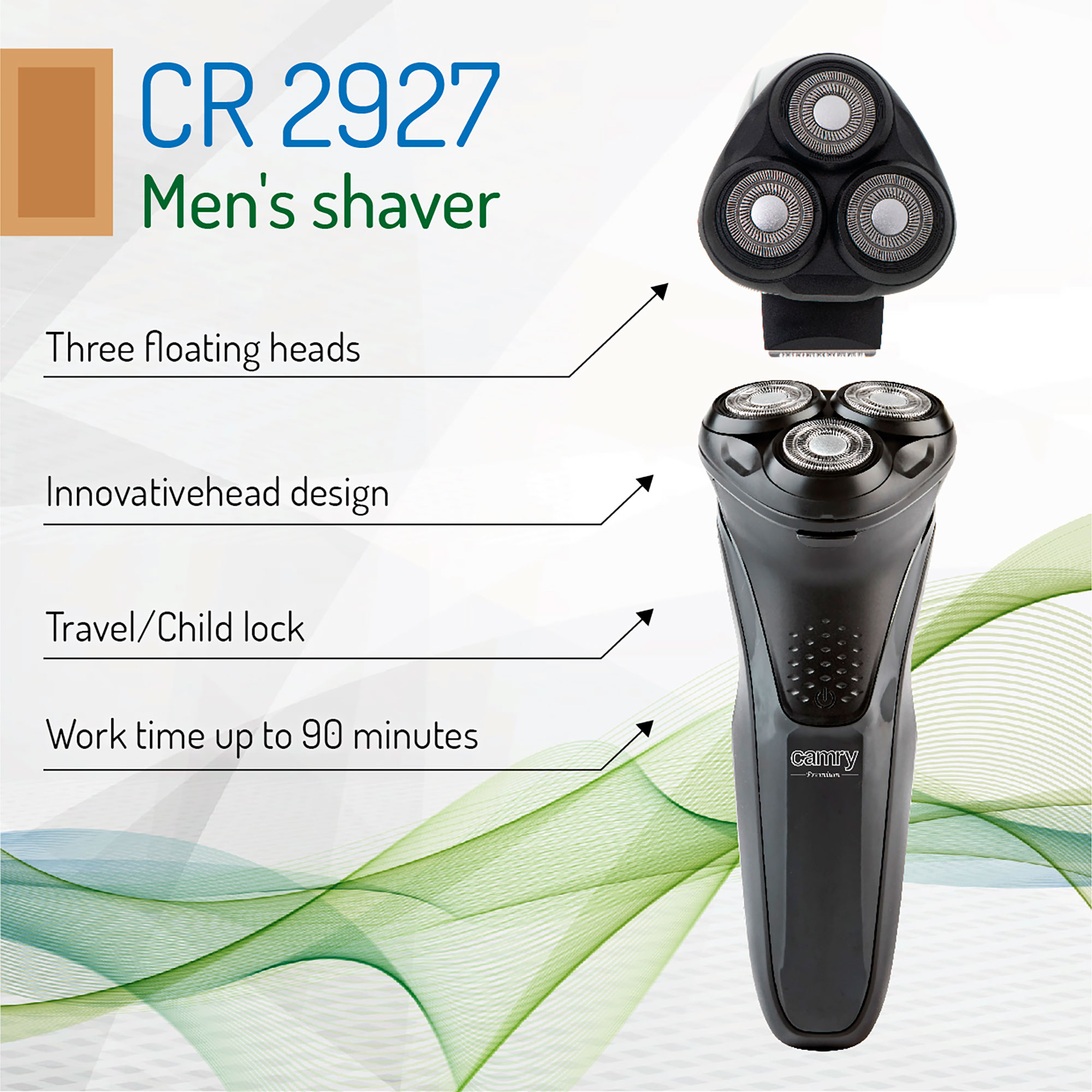 Afeitadora para hombre con tres cabezales flotantes. Se muestran funciones.