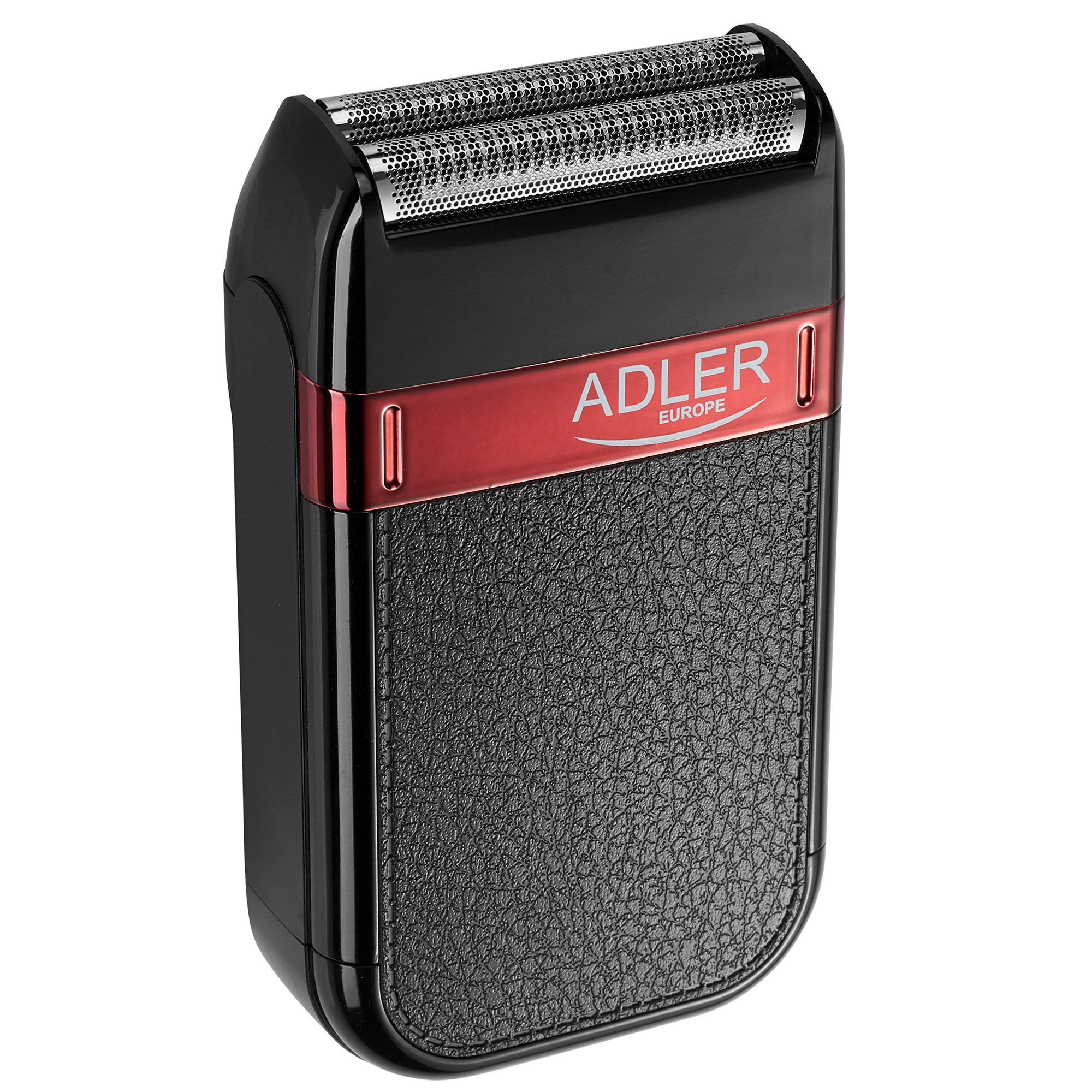 Czarna i czerwona golarka elektryczna Adler z teksturowanym uchwytem.