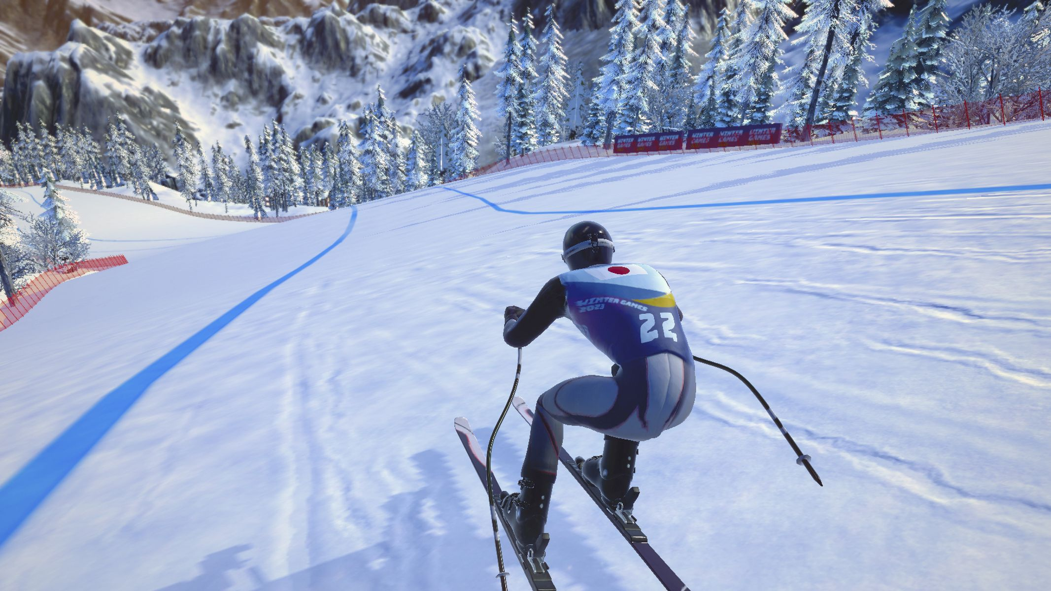 Sciaore con tuta da gara blu e bianca che scia giù per una pista innevata, logo Winter Games 2024.