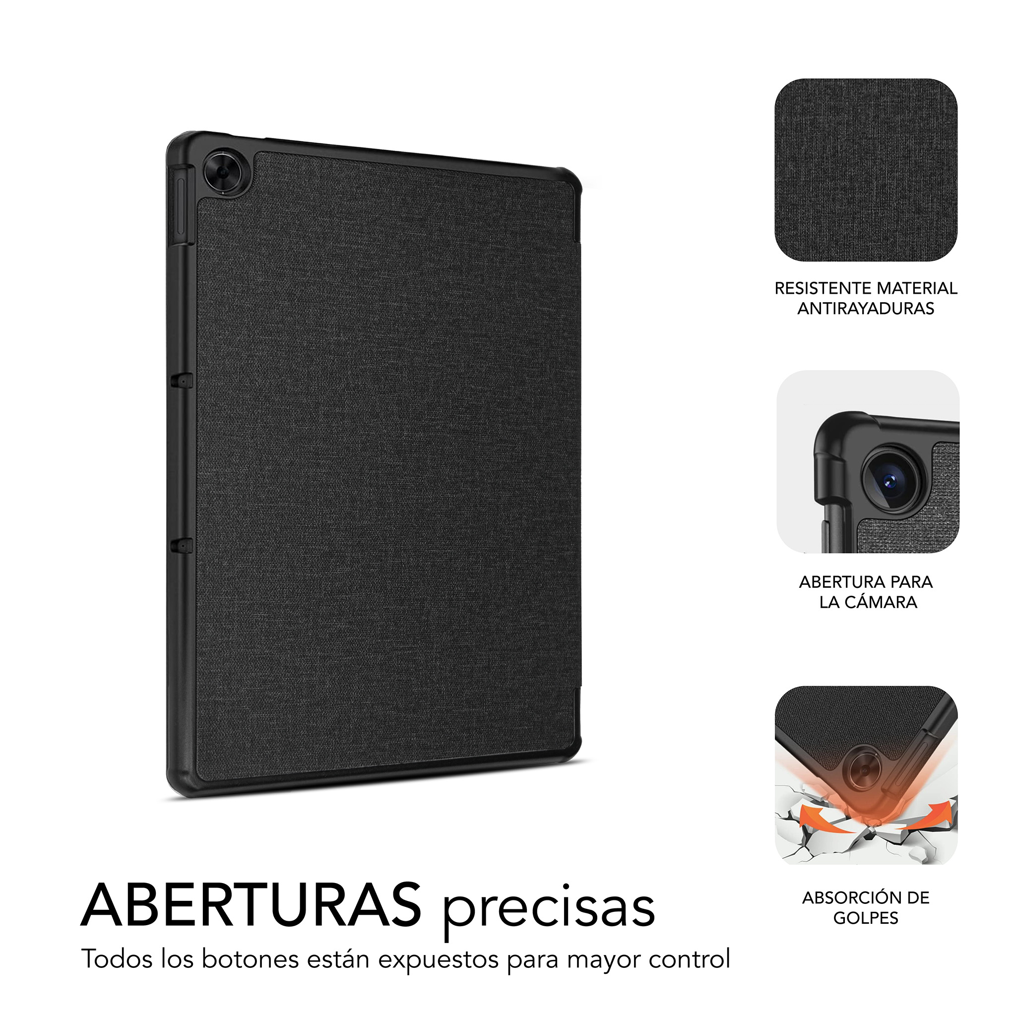 Funda negra para tableta con acabado texturizado. La cubierta está abierta con un recorte para la cámara y descripciones de texto.