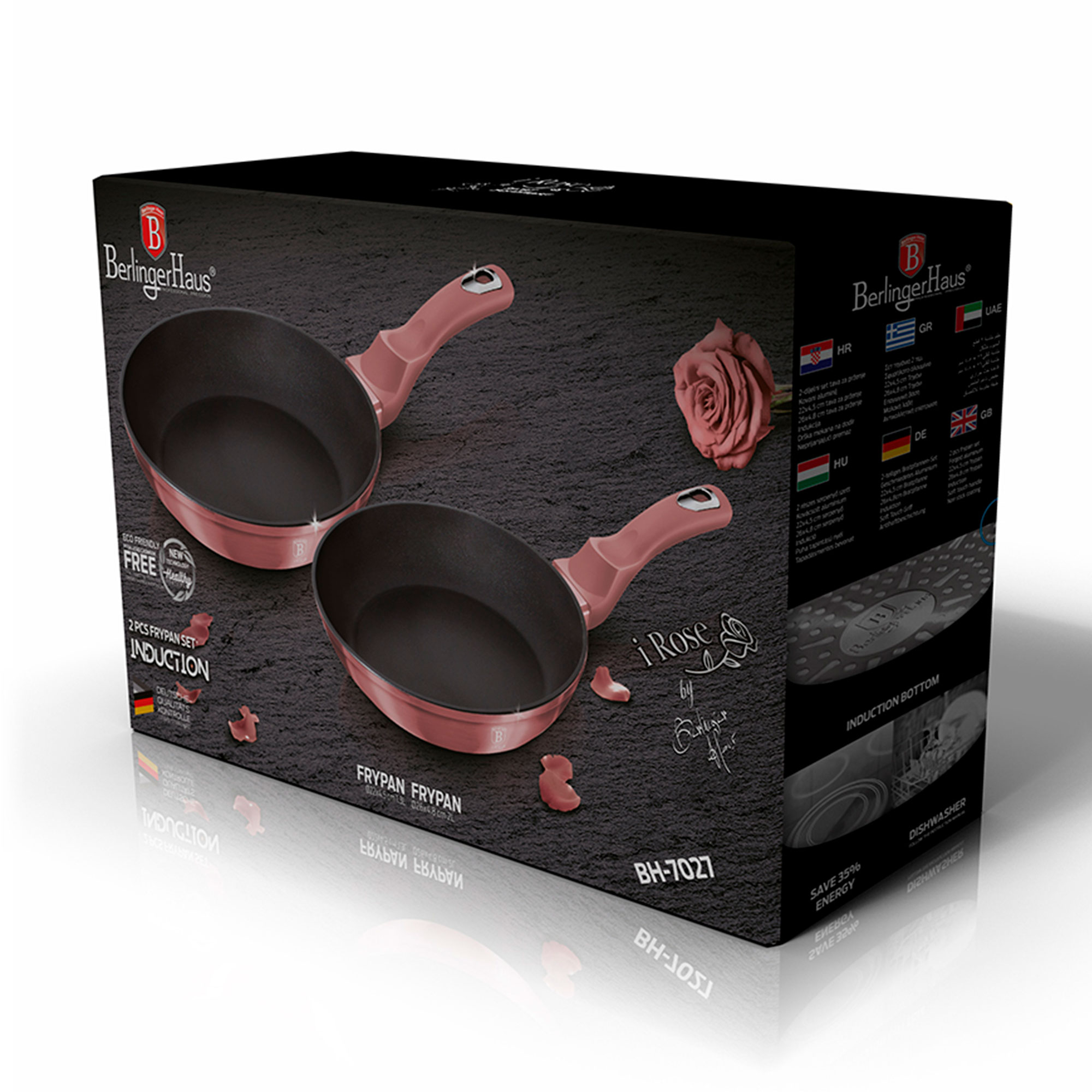 Caja del juego de sartenes. La caja es negra, con dos sartenes rosas en la parte delantera.