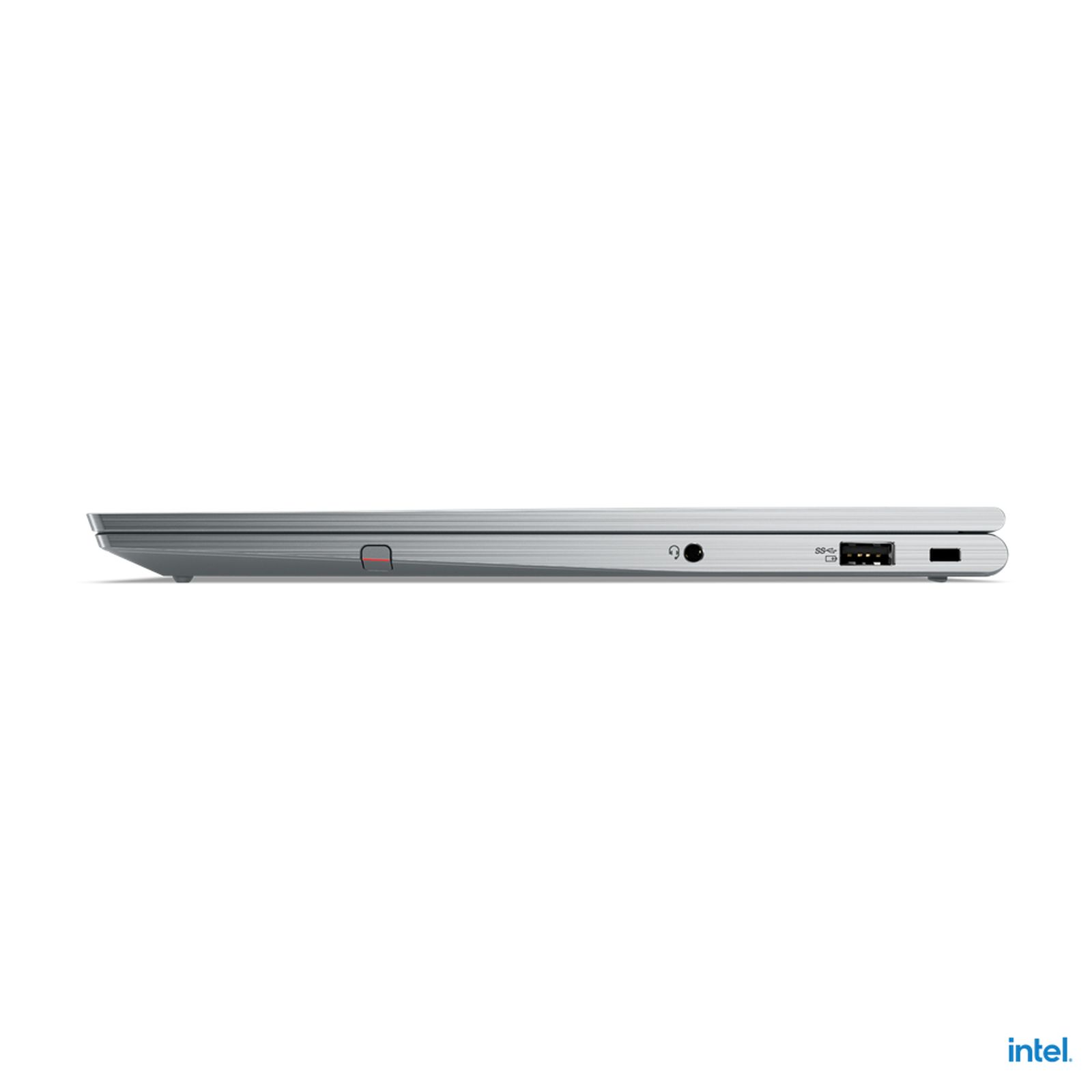 Seitenansicht eines silbernen Laptops, der Anschlüsse und eine kleine rote Taste zeigt.