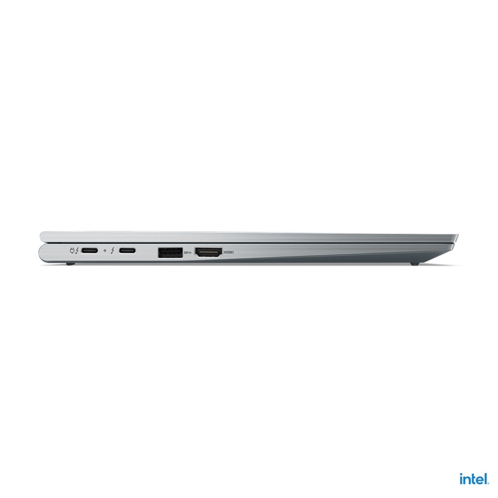 Seitenansicht eines silbernen Laptops, mit sichtbaren Anschlüssen und dem Intel-Logo unten.