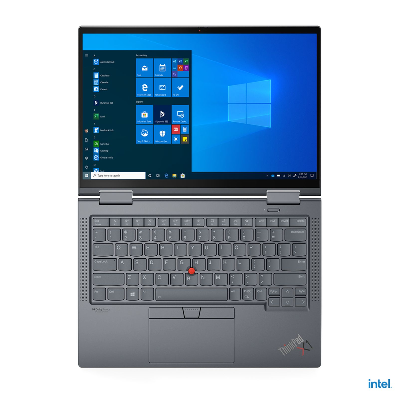 Laptop mit offenem Bildschirm, der Windows anzeigt. Tastatur sichtbar, roter Trackpoint.
