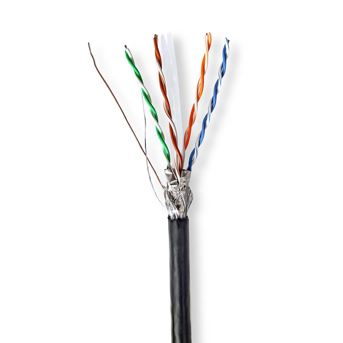 Cavo Ethernet tagliato con otto fili colorati che si estendono dal cavo nero.