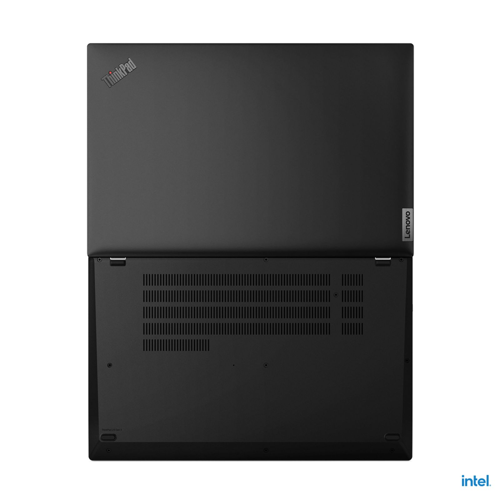 Czarny laptop ThinkPad, otwarty, pokazujący klawiaturę i spód z logo Lenovo i Intel.