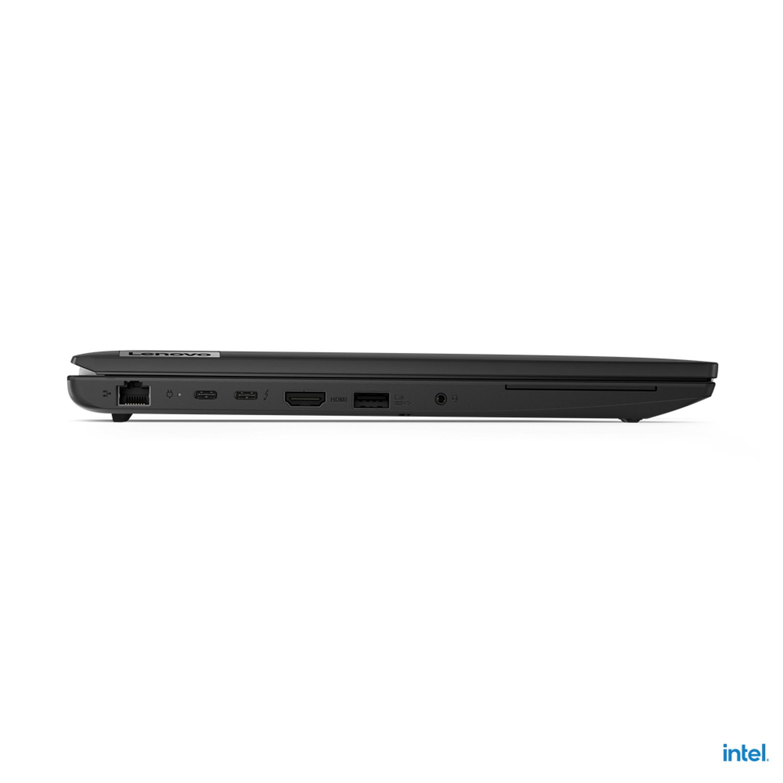 Widok z boku czarnego laptopa Lenovo. Pokazuje porty i profil boczny. Napis 'Lenovo'.