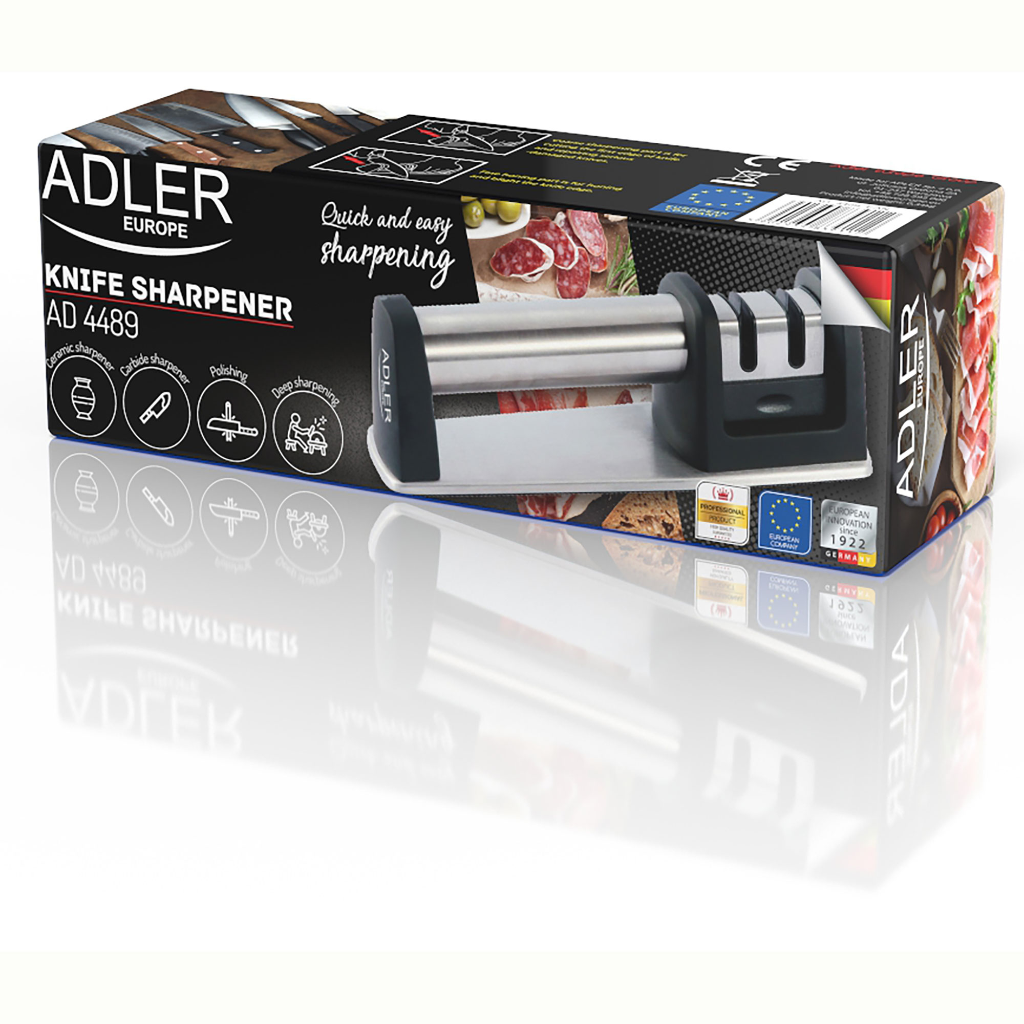 Un afilador de cuchillos en una caja, con varios iconos que ilustran sus características.