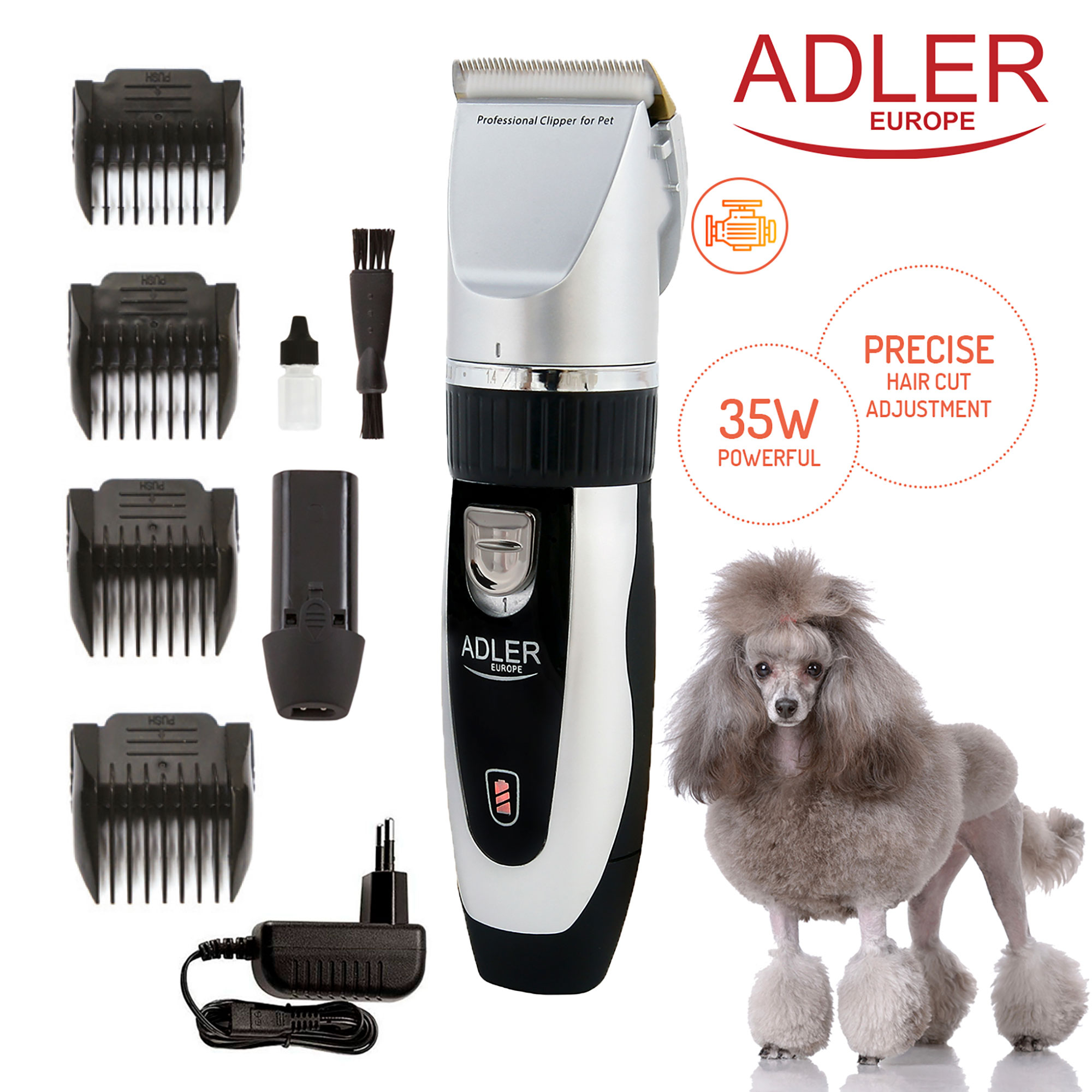 Cortapelos para mascotas y accesorios, incluyendo peines y un cepillo. Un caniche en el fondo.