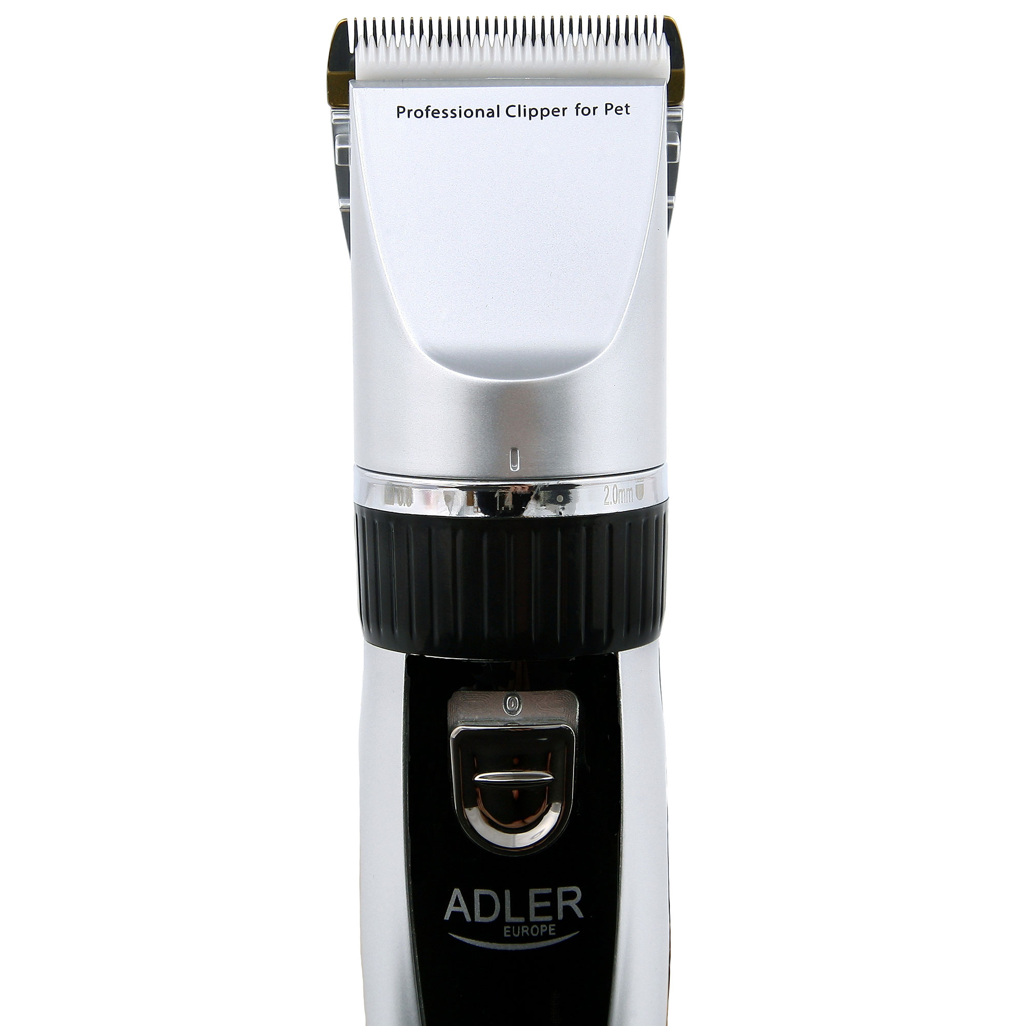 Cortapelos para mascotas plateado y negro con el texto 'Professional Clipper for Pet'.