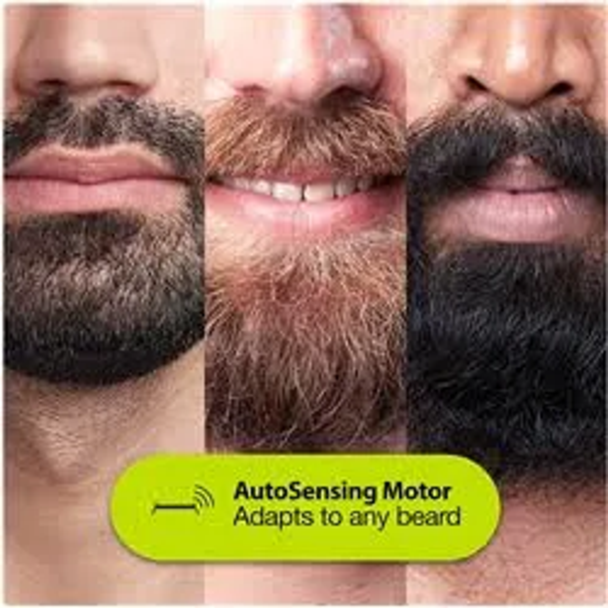 Three men's faces with different beard styles, with an 'AutoSensing Motor' label.