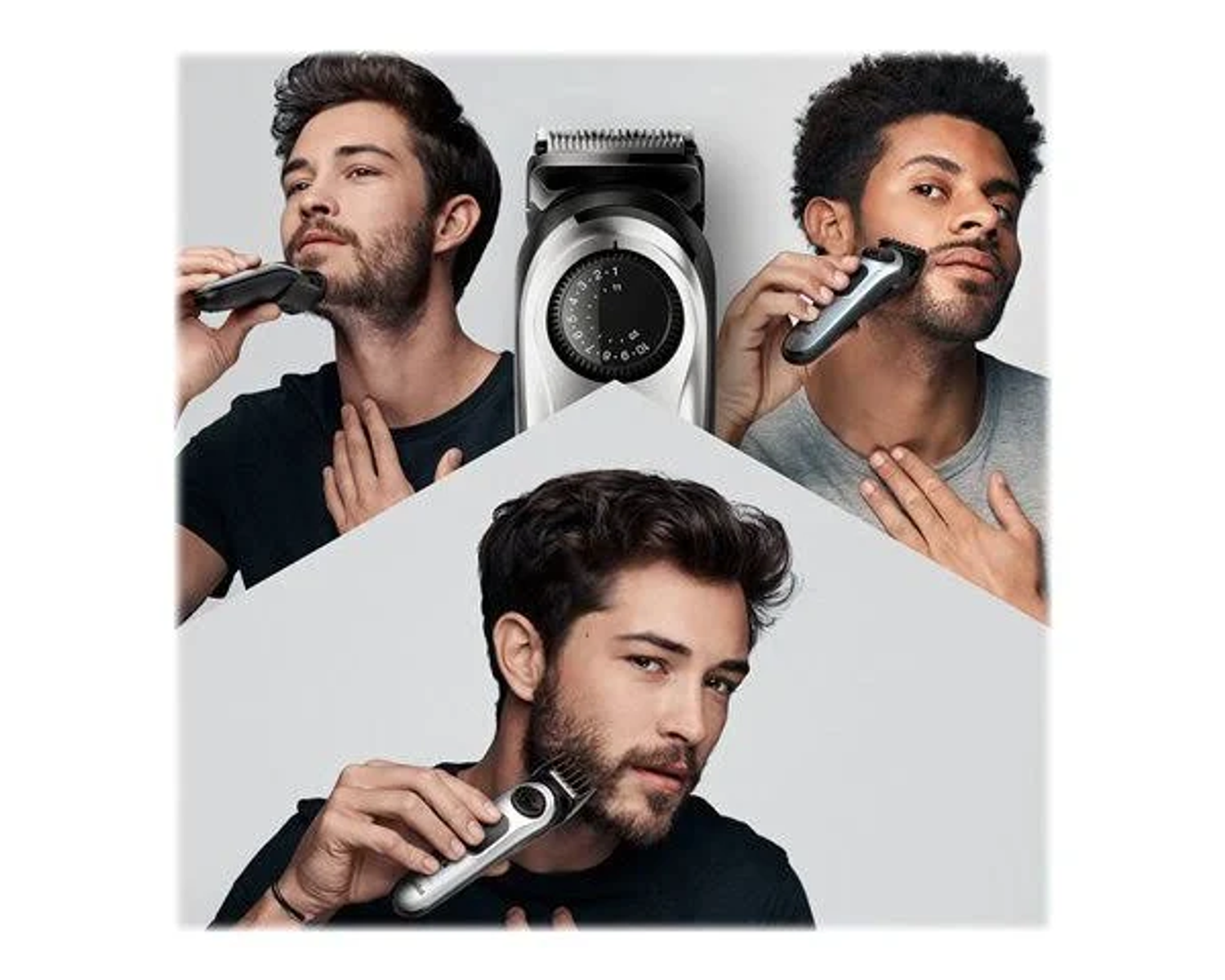 Men shaving with trimmers. Three men in different shaving scenarios are shown.