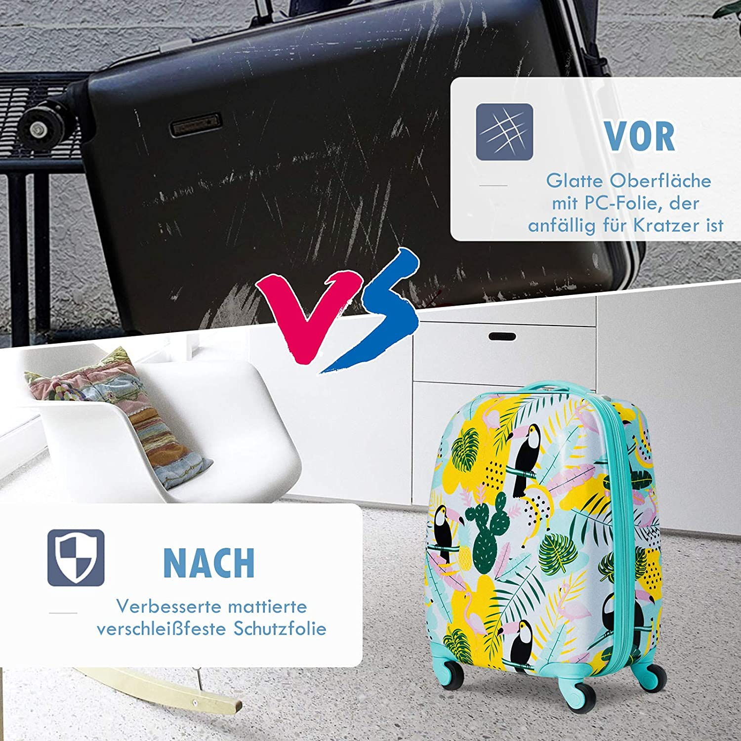 Vergleich von Gepäck. Ein zerkratzter schwarzer Koffer vs. ein bunter, gemusterter Koffer.