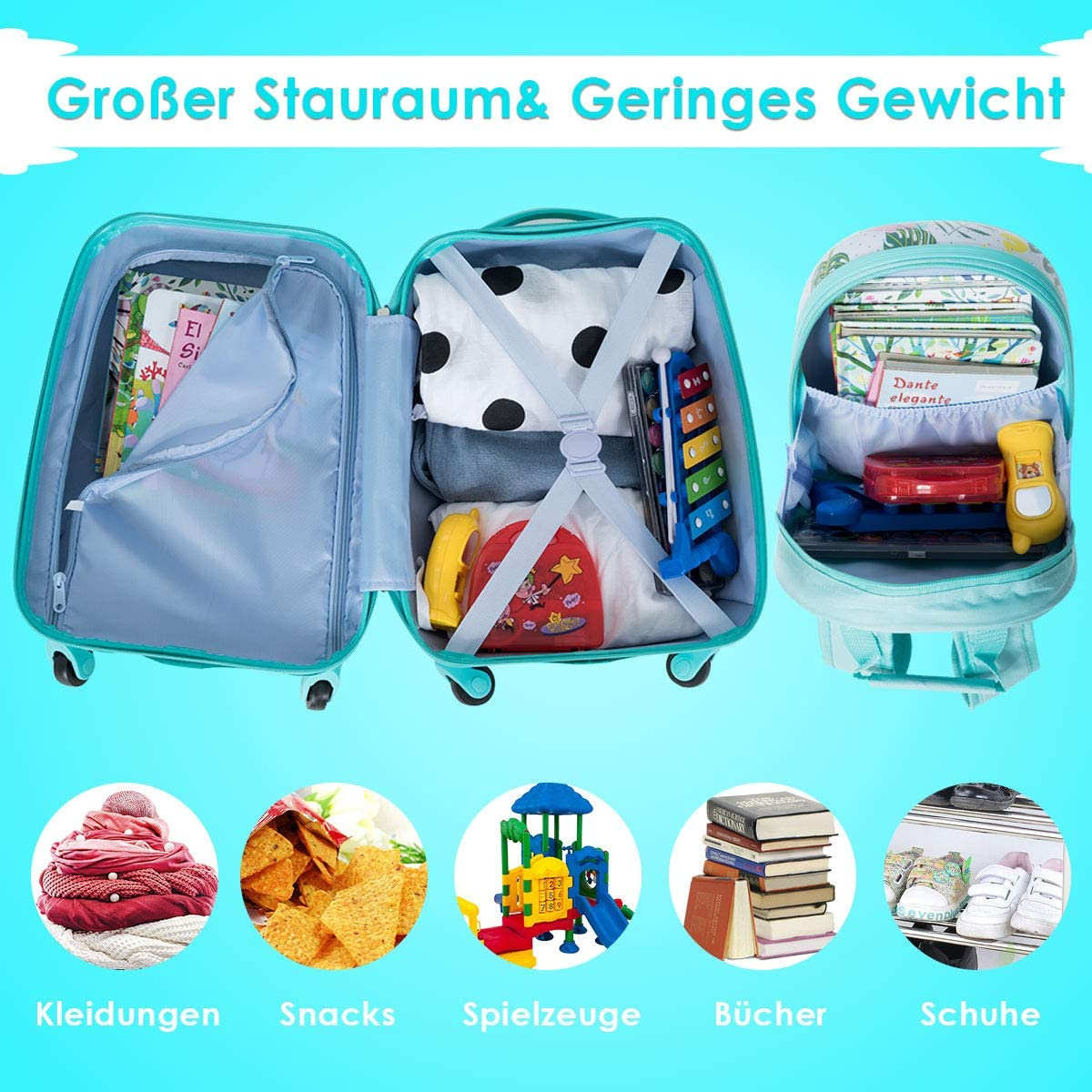 Ein Koffer und ein Rucksack sind geöffnet und zeigen Kleidung, Snacks, Spielzeug, Bücher und Schuhe. Sie befinden sich auf blauem Hintergrund.