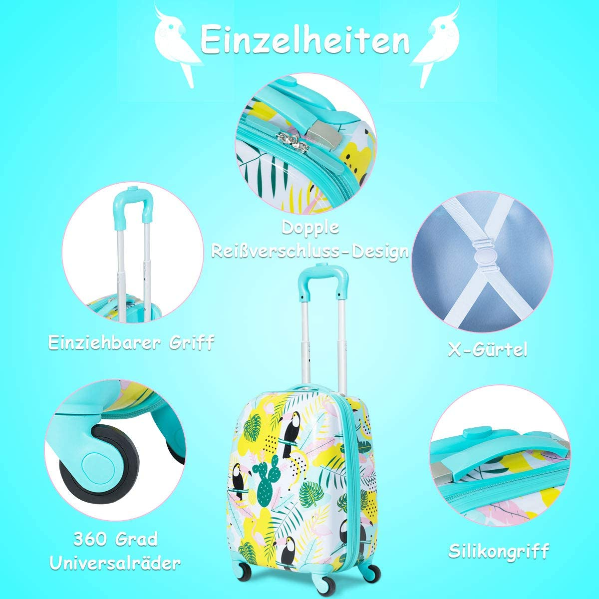 Ein Koffer mit farbenfrohem Muster, mit Details wie Griff, Rädern und Reißverschlüssen.