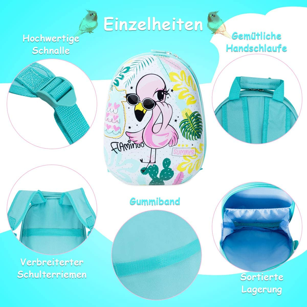 Ein Kinderrucksack mit Flamingodesign. Der Rucksack ist hellblau mit rosa und weißen Akzenten.