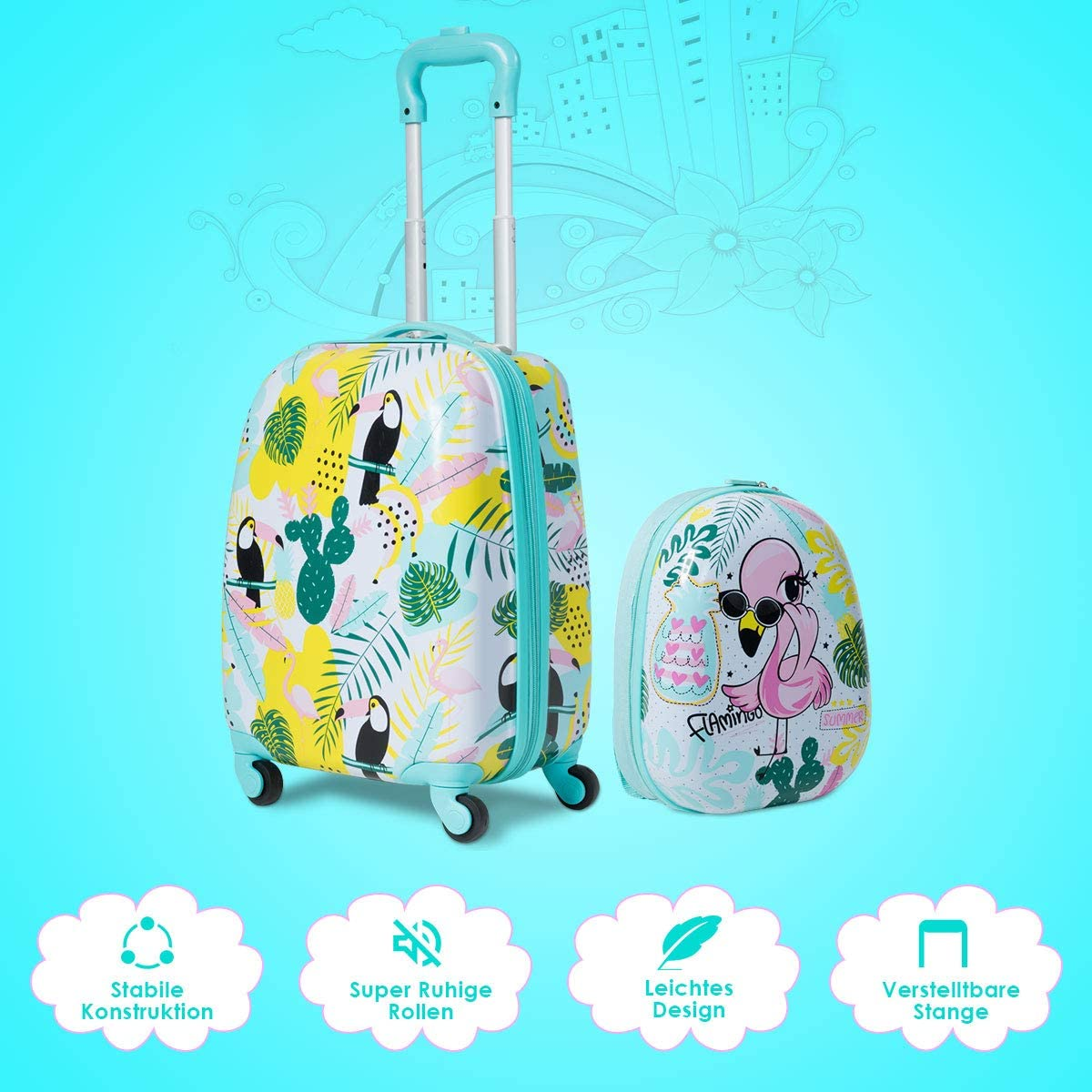 Ein Set Kindertrolleys mit Flamingodesign. Der Koffer befindet sich auf hellblauem Hintergrund.