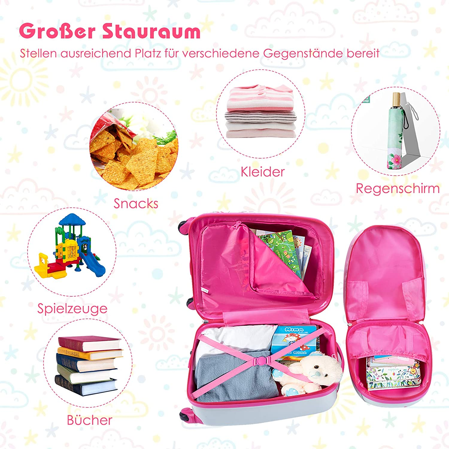 Offener rosa Koffer mit verschiedenen Gegenständen darin. Snacks, Kleidung, Spielzeug, Bücher und ein Regenschirm sind sichtbar.