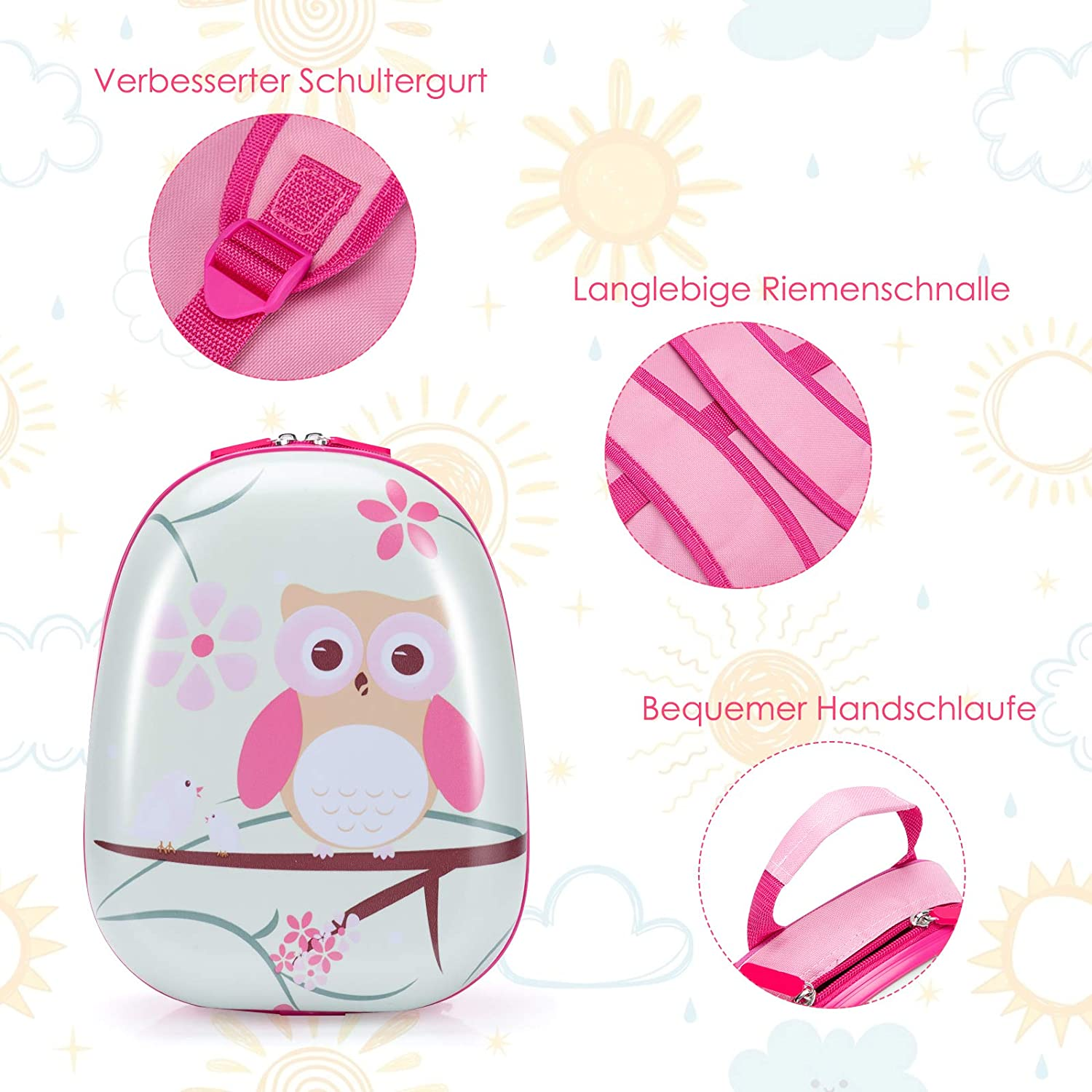 Eulen-Koffer mit rosa Akzenten. Detaillierte Ansichten von Griff, Trägern und Schnallen, weißer Hintergrund.