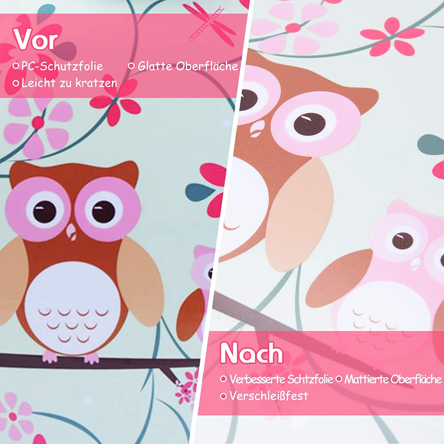 Vorher-Nachher-Vergleich eines Eulen-Designs auf einer Oberfläche. Das 'Nachher' ist lebendiger.