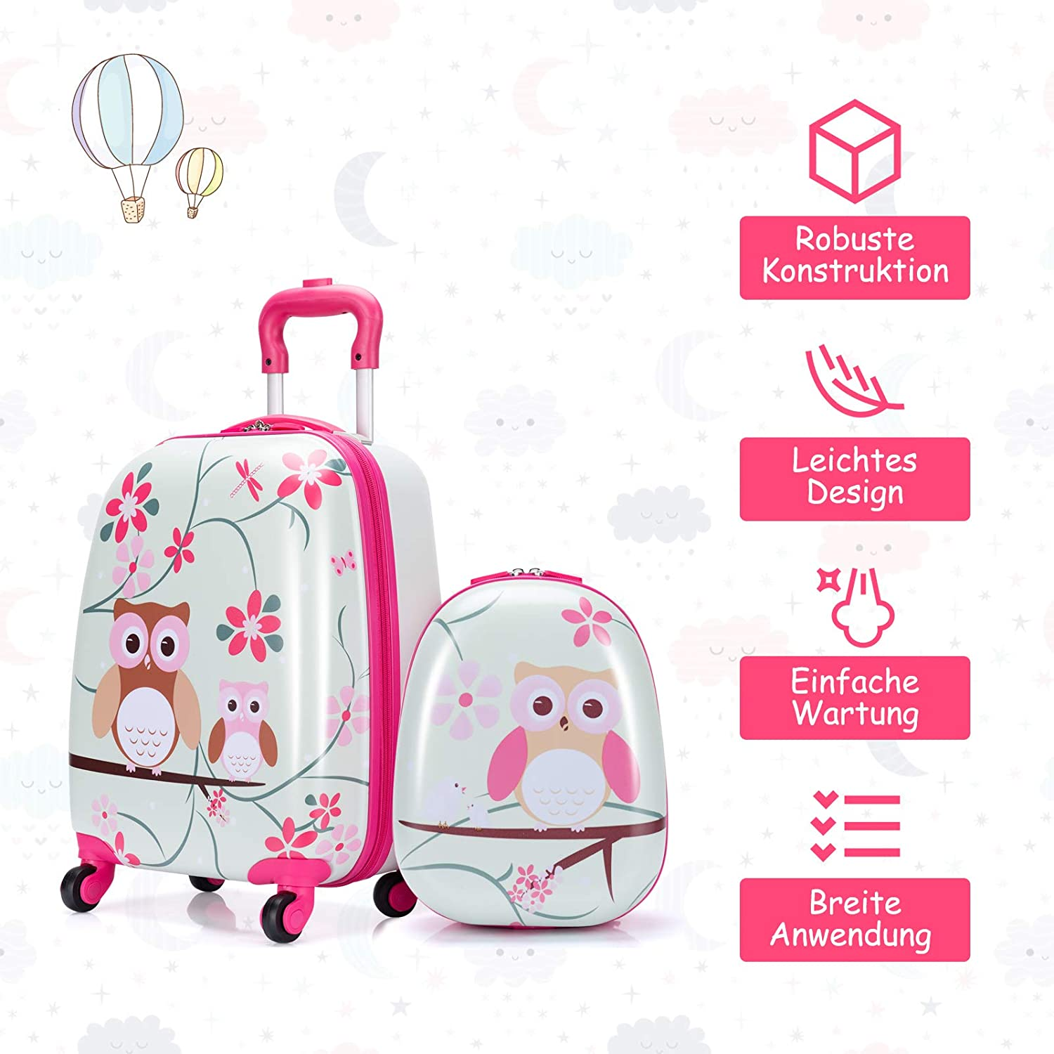 Rosa und weißes Gepäckset im Eulen-Design mit Griff, Rädern und Illustrationen.