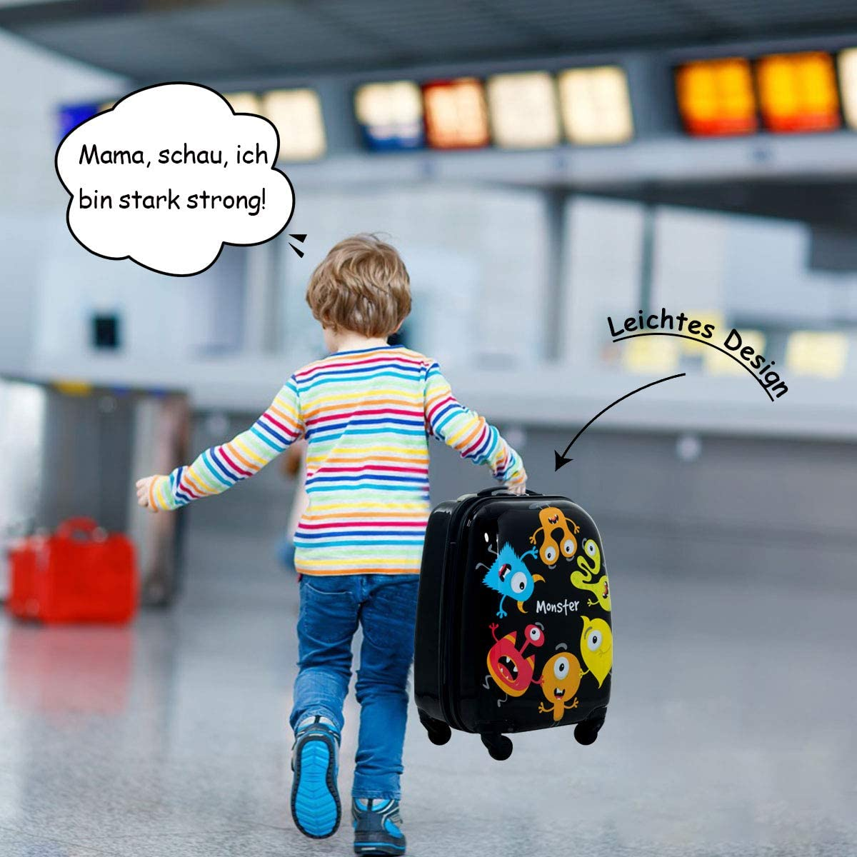 Ein Kind mit einem Monsterkoffer geht weg. Sprechblase sagt: Mama, schau, ich bin stark!