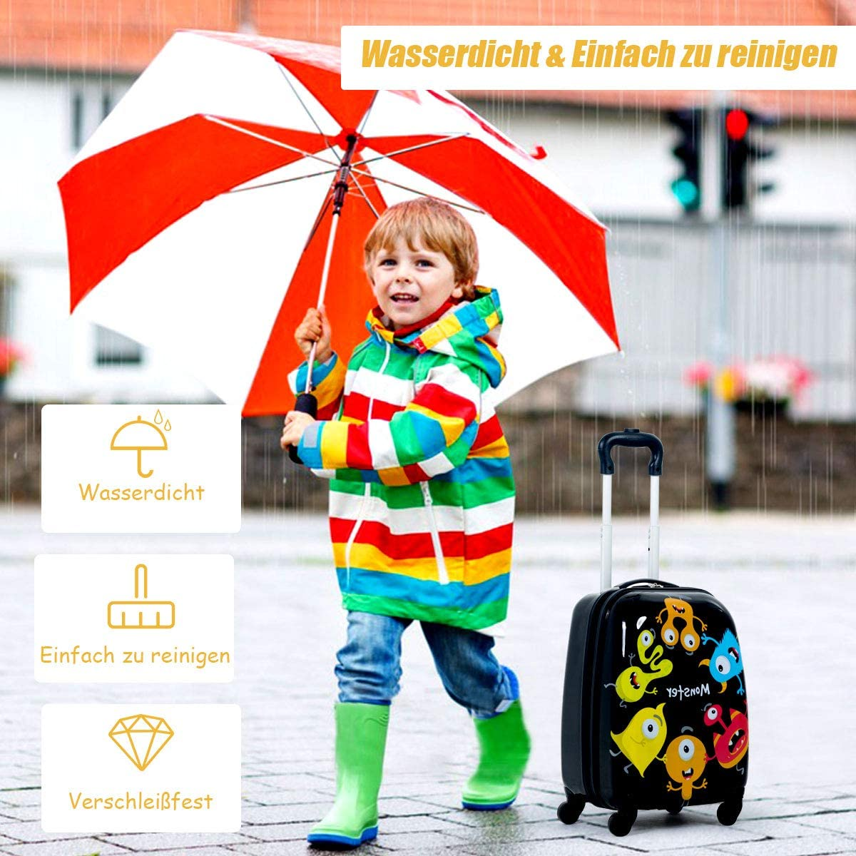Ein Kind mit Regenschirm und Koffer im Regen. Der Koffer ist schwarz mit bunten Grafiken.