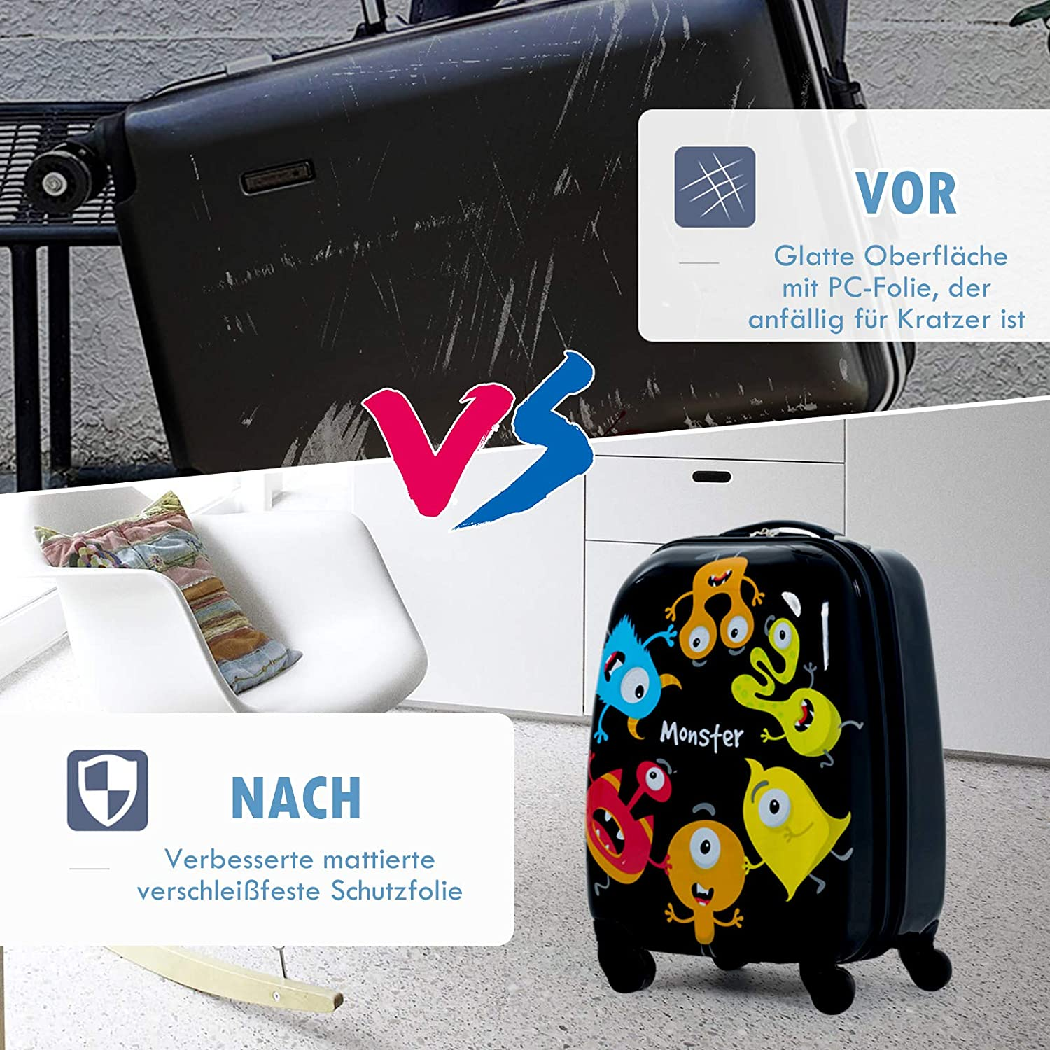 Vergleich von zerkratztem Koffer und neuem Koffer mit buntem Monsterdesign, weißer Hintergrund.