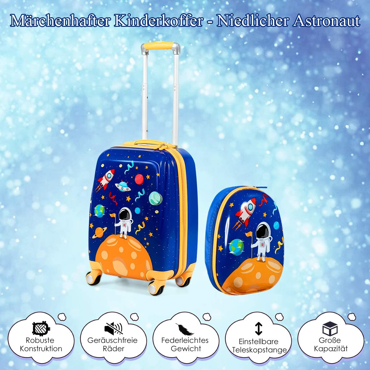 Ein blauer und orangefarbener Koffer mit passendem Rucksack. Weißer Hintergrund.