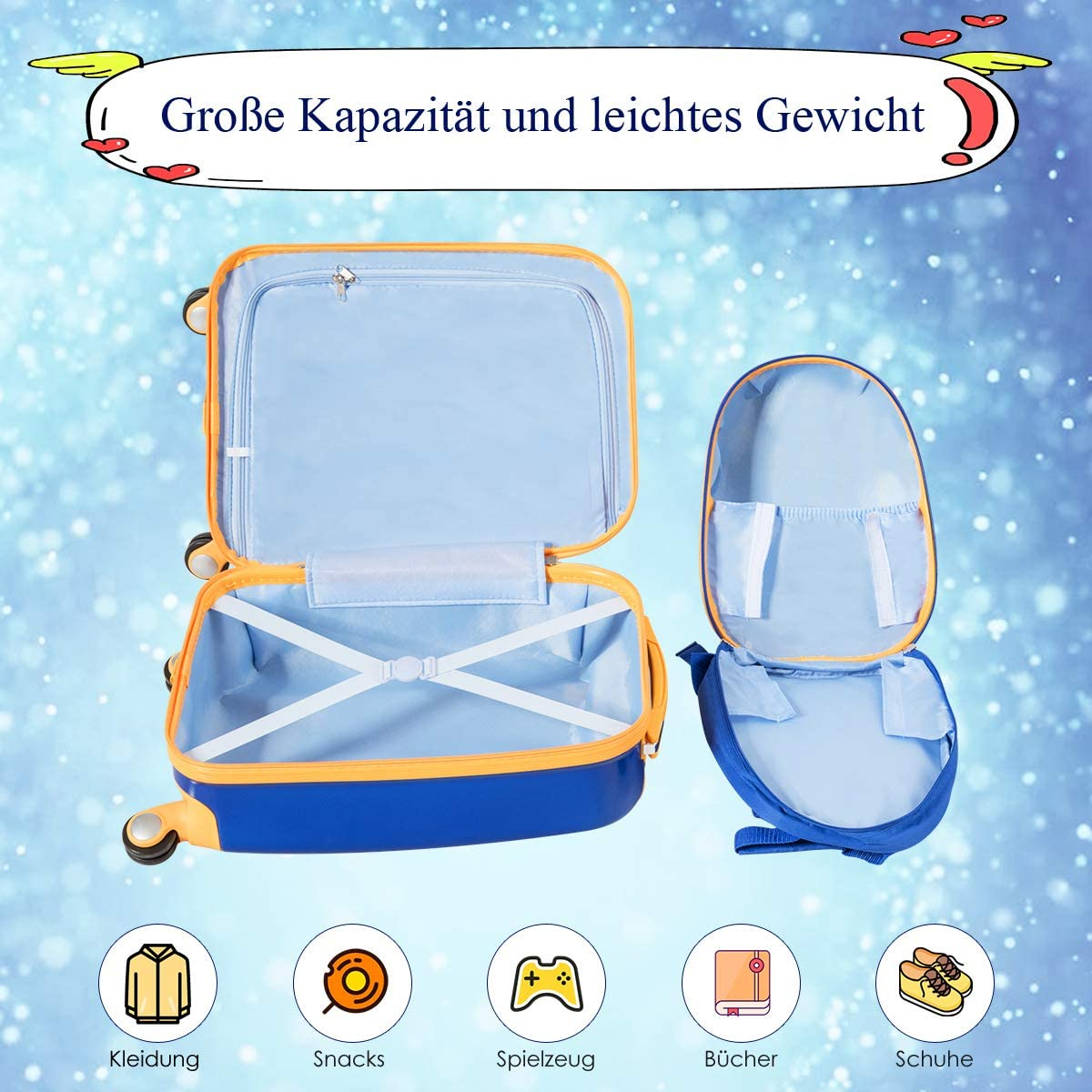 Ein offener blau-oranger Koffer mit passendem Rucksack und Symbolen für Kleidung, Snacks und Spielzeug.