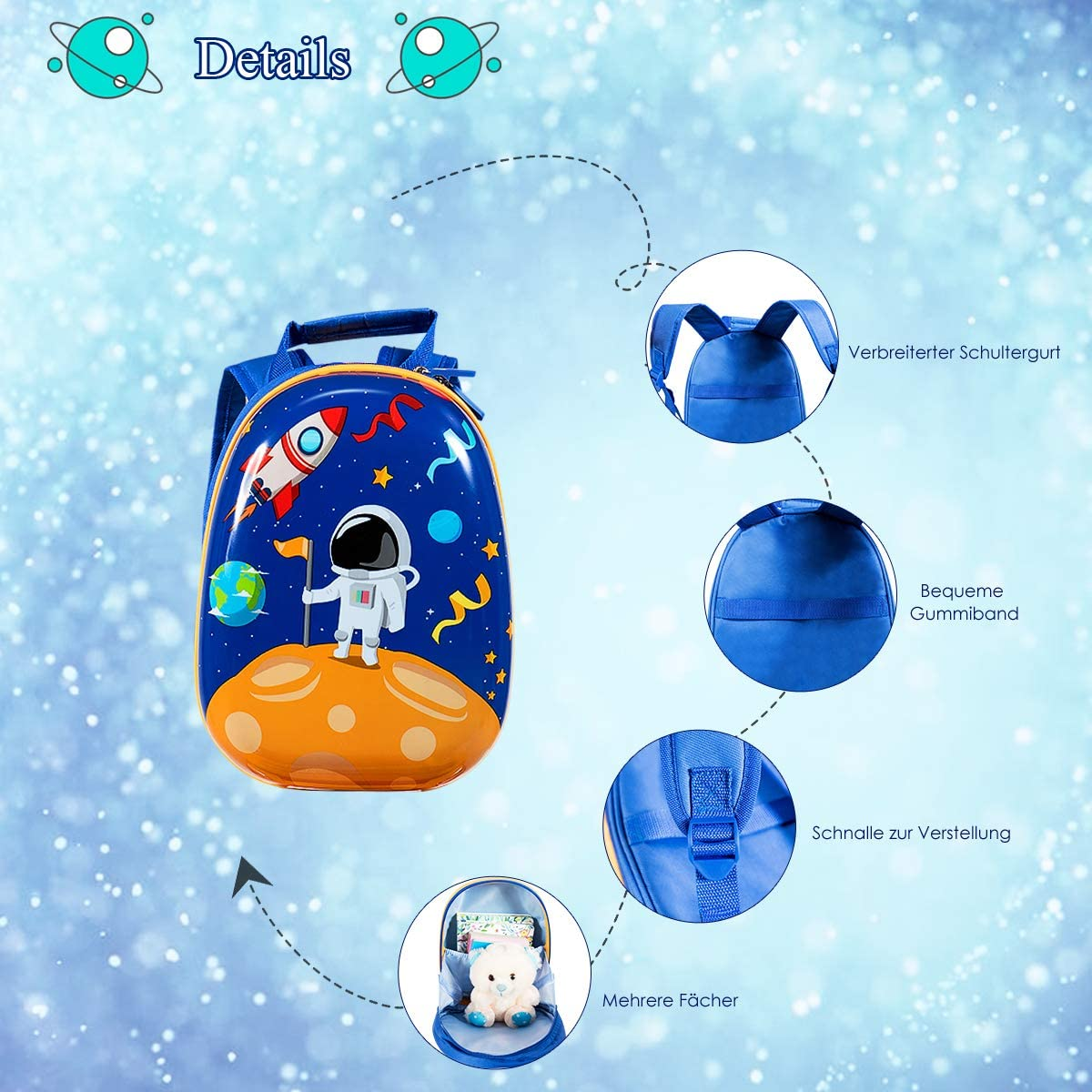 Blauer Rucksack mit Raketen-, Astronauten- und Planetendesign, mit Detailansichten.
