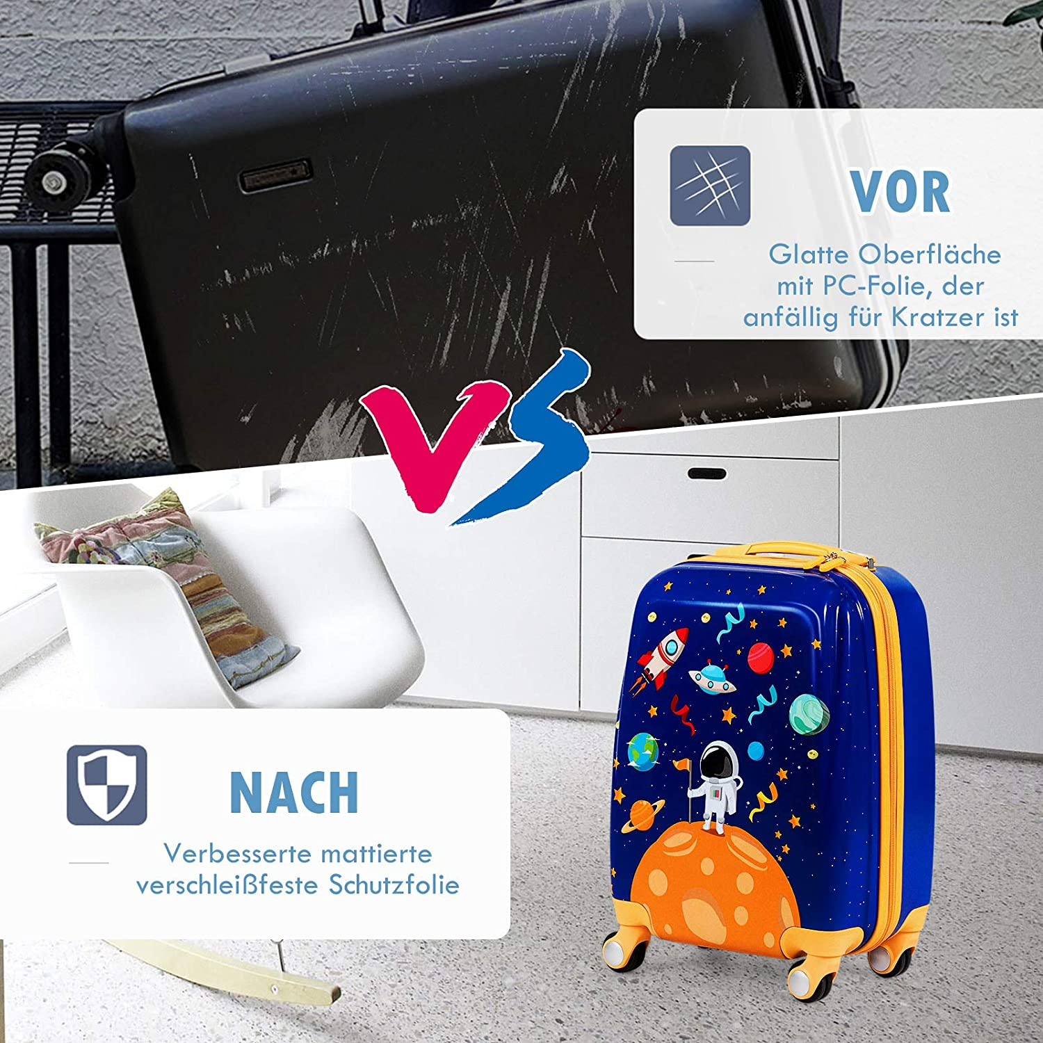 Vergleich eines zerkratzten schwarzen Koffers vs. einem robusten blauen Koffer mit Astronauten-Design.